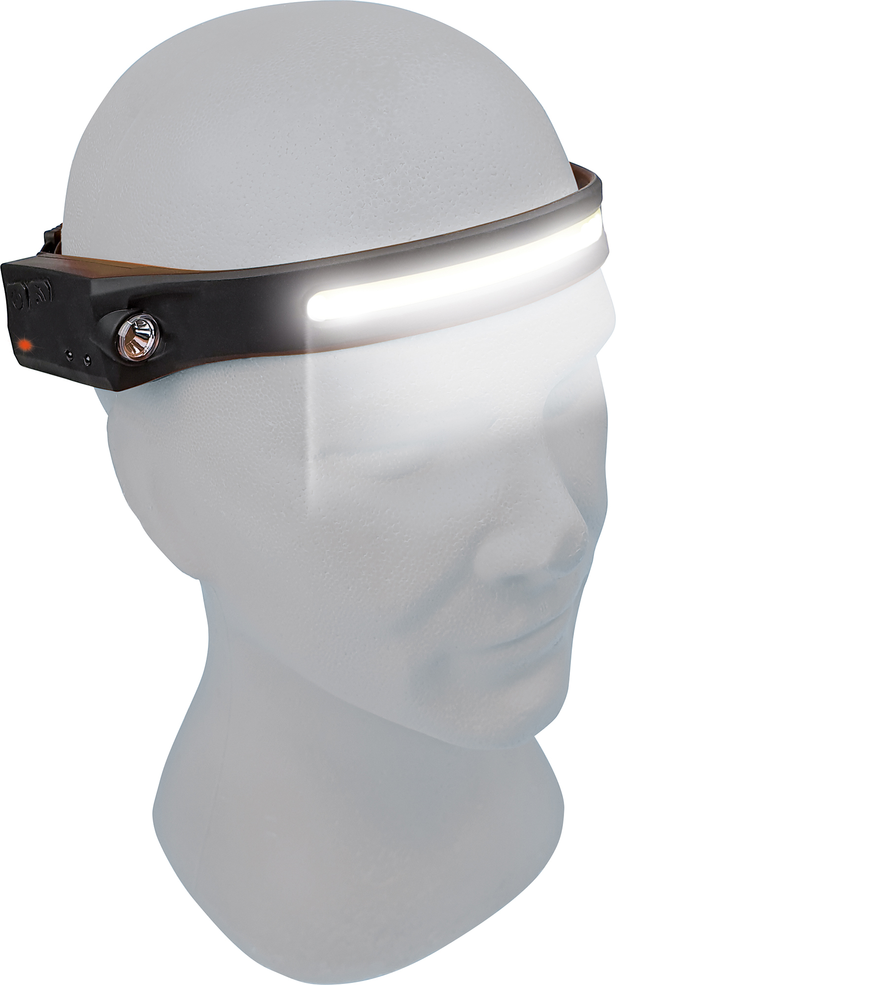 Mannequin-Kopf mit Stirnlampe. Die Lampe ist eingeschaltet, helles Licht.