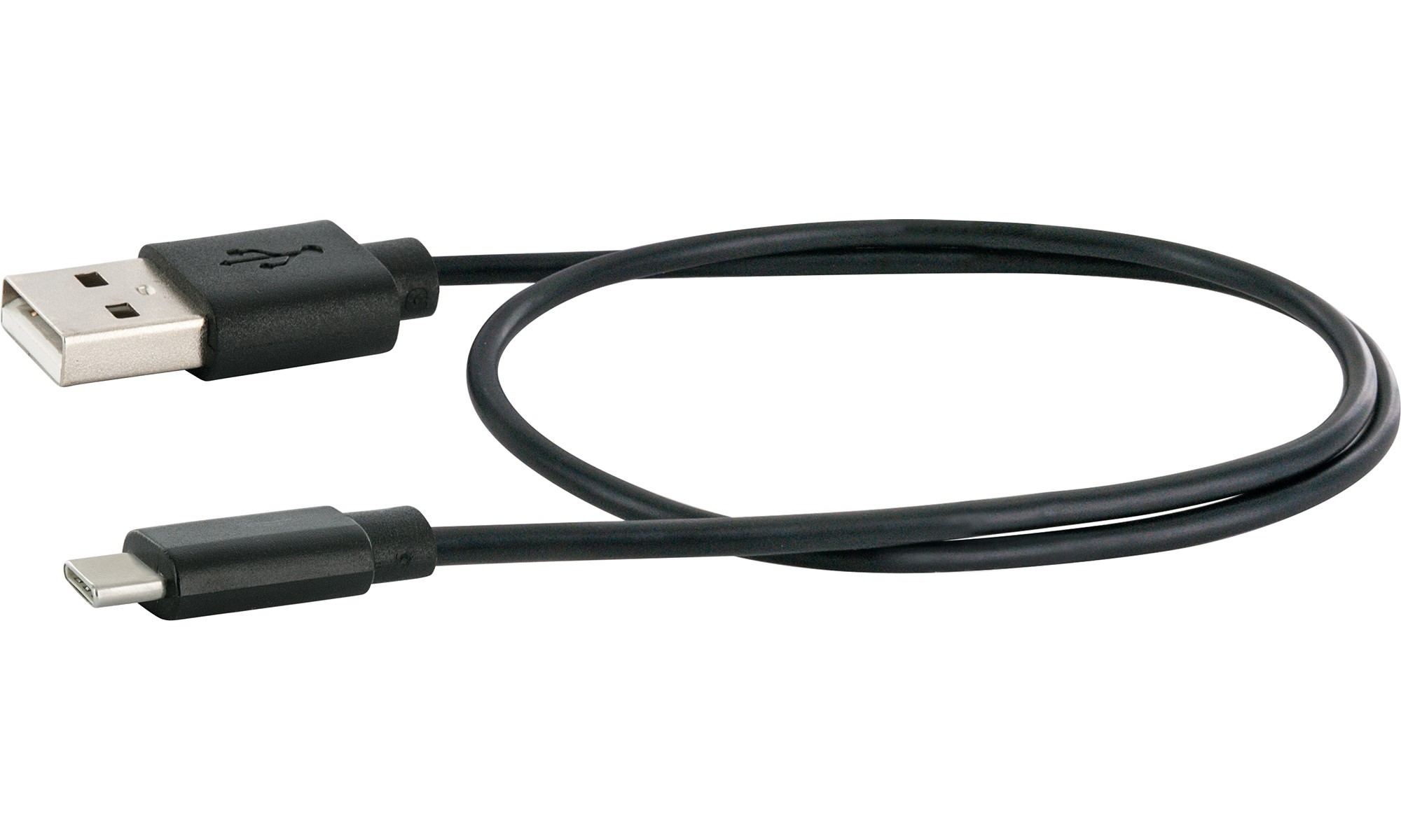 Ein schwarzes USB-zu-USB-C-Kabel. Das USB-Ende befindet sich links. Das USB-C-Ende befindet sich rechts.