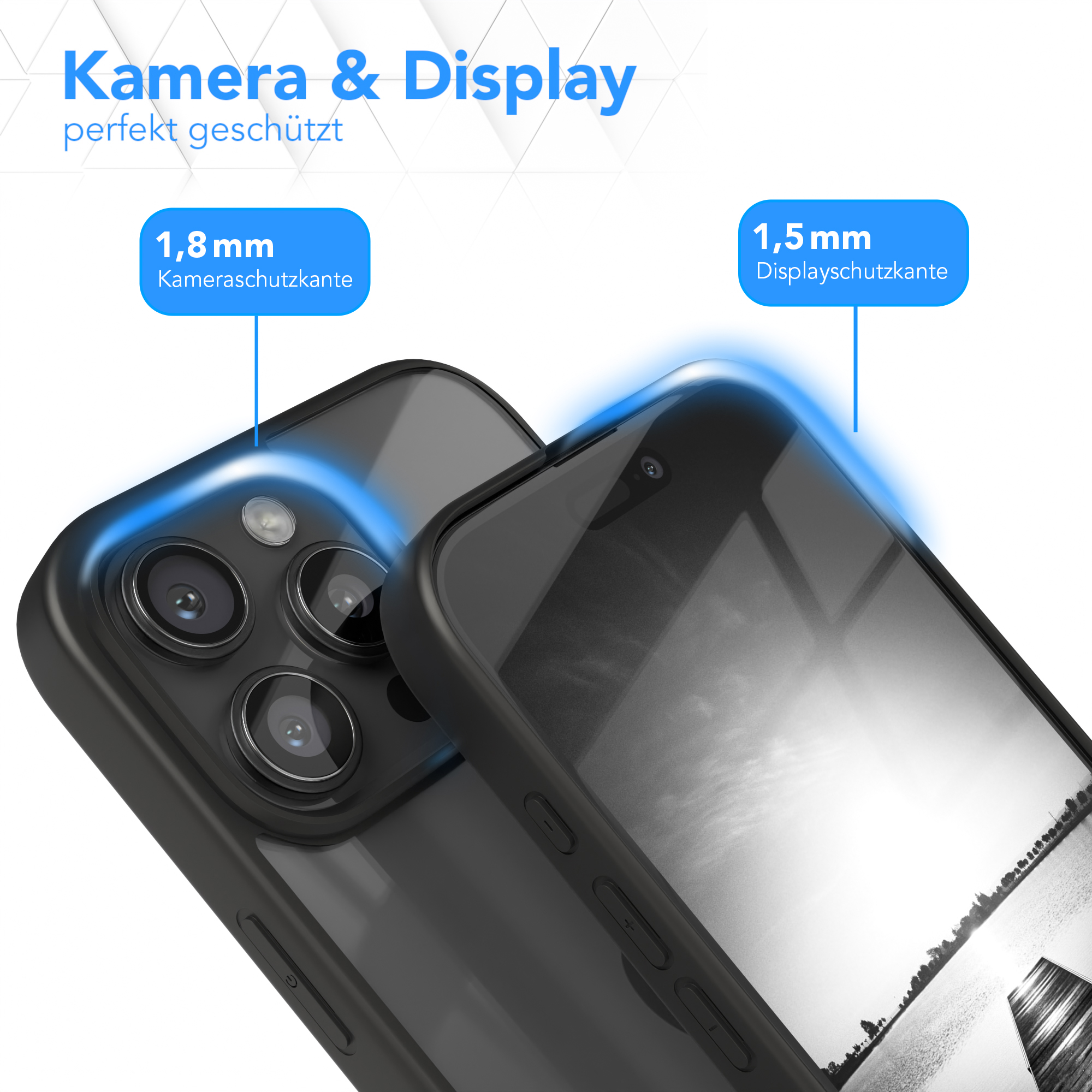 Nahaufnahme eines Telefons in einem Case, zeigt Kamera- und Displayschutzfunktionen.