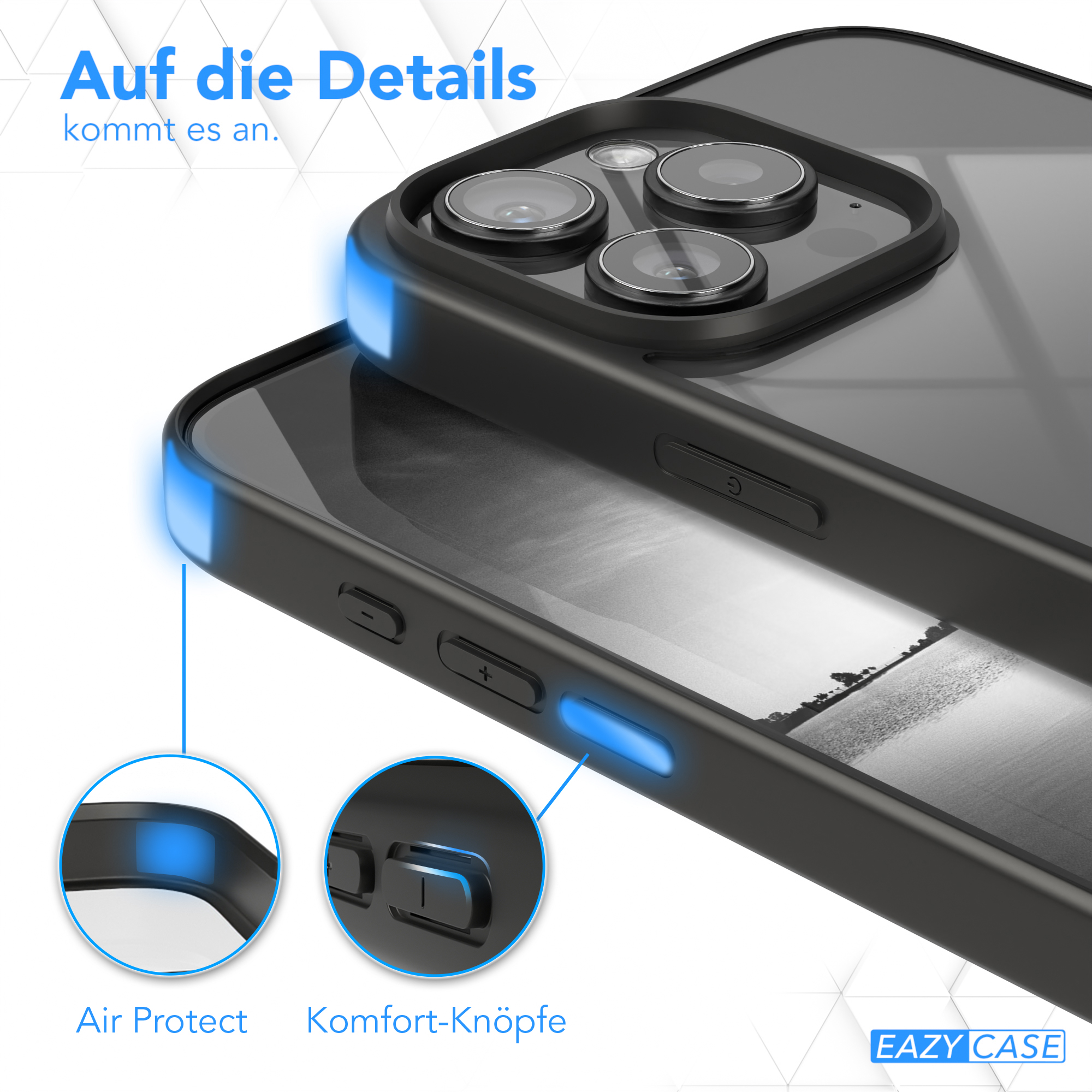 Nahaufnahme von Handyhüllen-Knöpfen mit Luftschutz. Schwarzes Gehäuse.