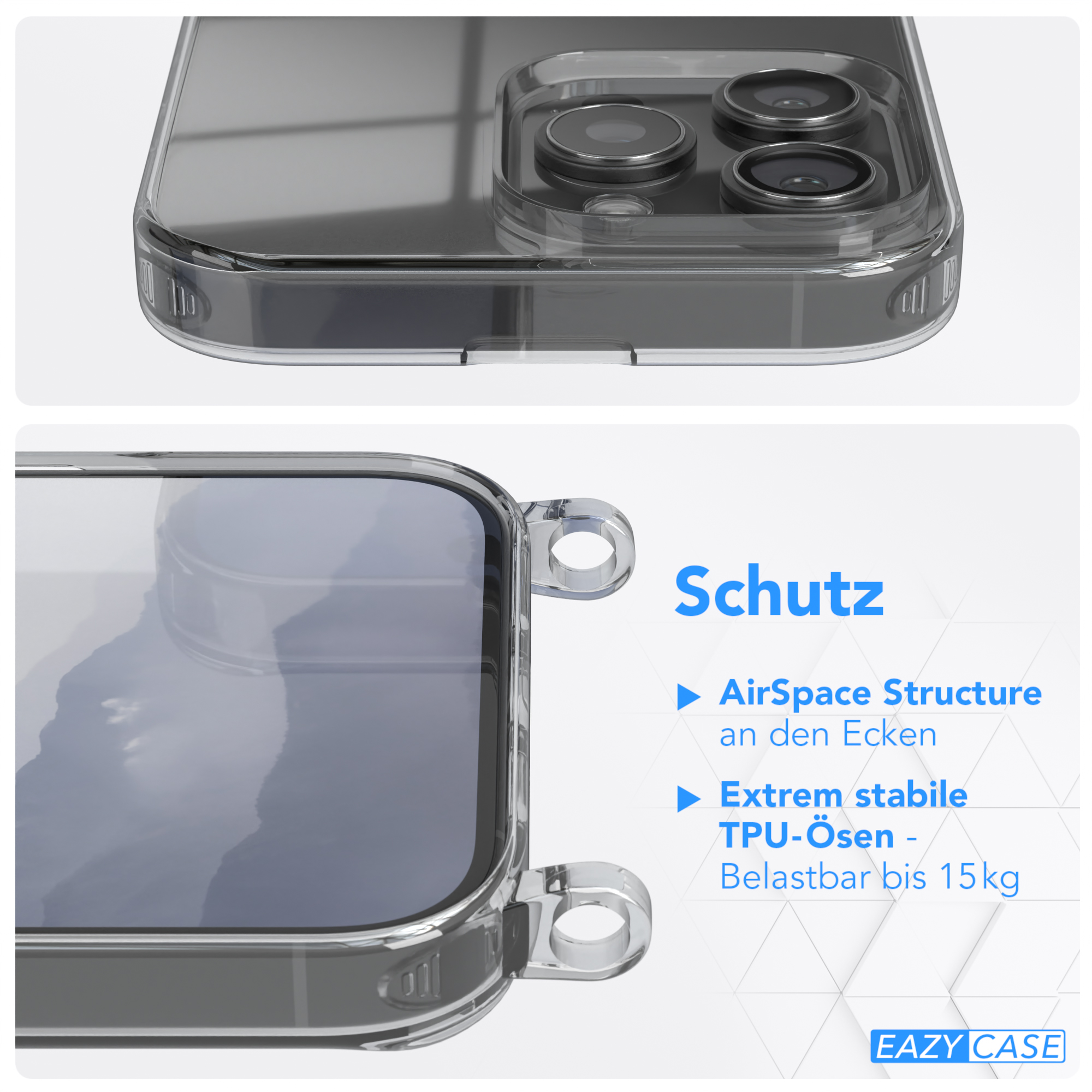 Nahaufnahme einer transparenten Handyhülle. AirSpace-Struktur an den Ecken. Die Hülle hält 15 kg aus.