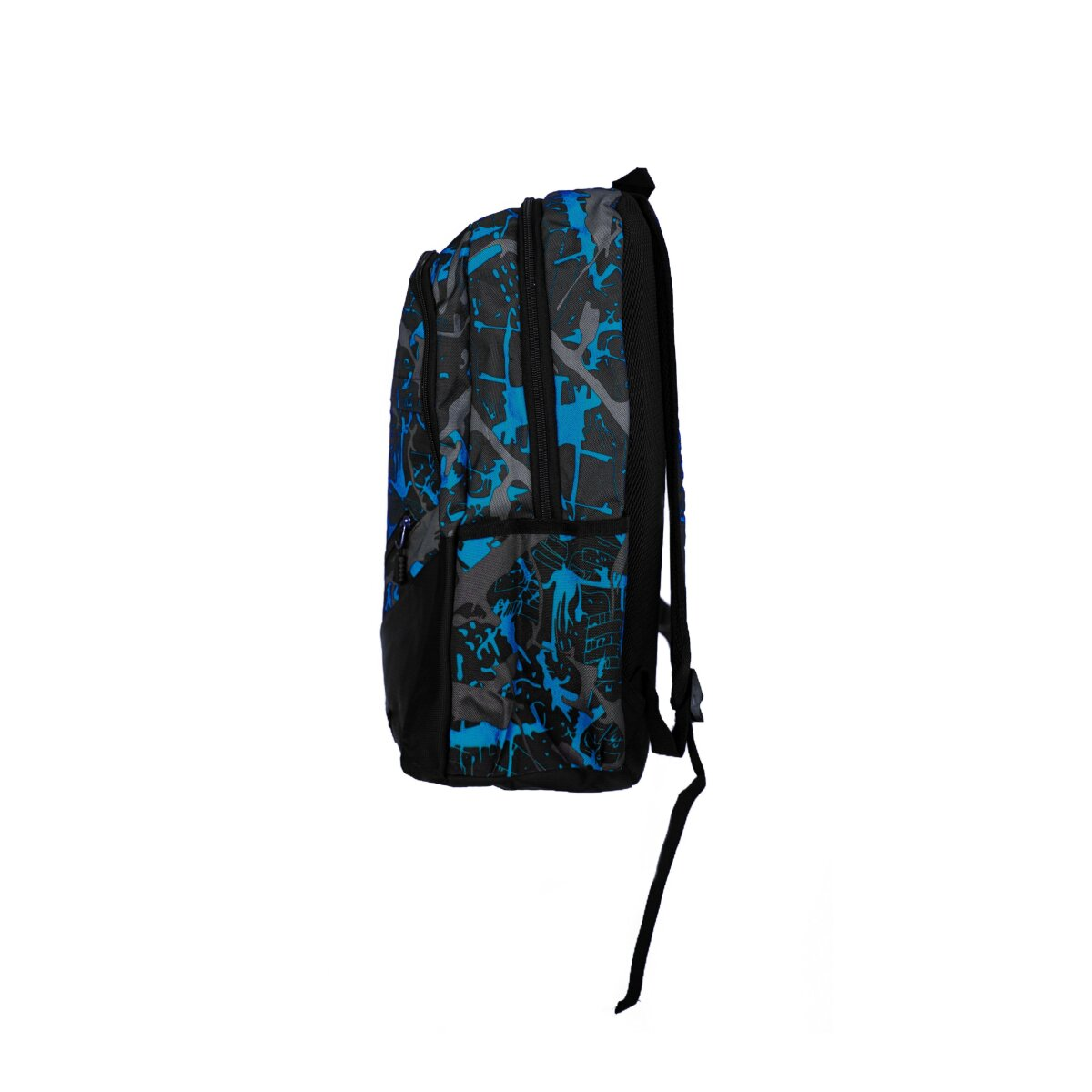 Ein blauer und schwarzer Rucksack vor weißem Hintergrund, Seitenansicht mit Gurten und Designdetails.