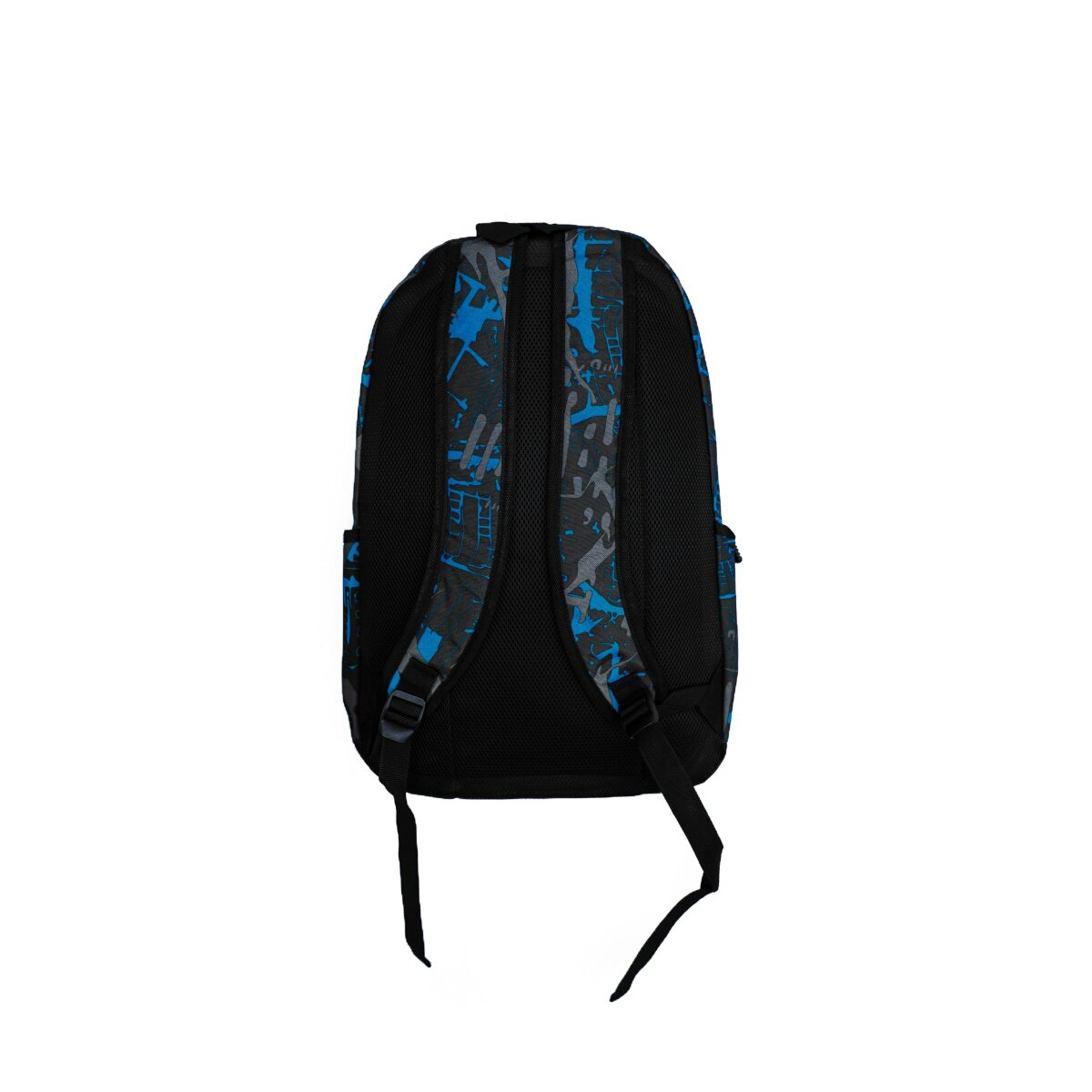 Rucksack mit blauem und grauem Graffiti-ähnlichem Design. Die Träger sind schwarz. Der Hintergrund ist weiß.