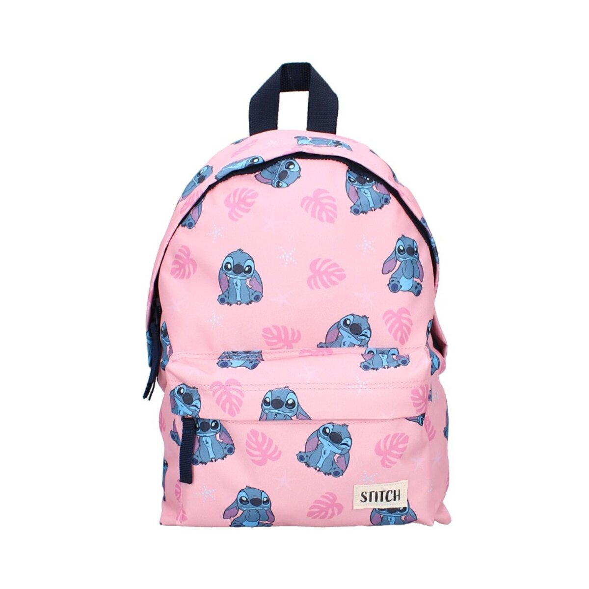 Rosa Rucksack mit Stitch-Muster. Er hat einen oberen Griff und eine kleine Tasche.