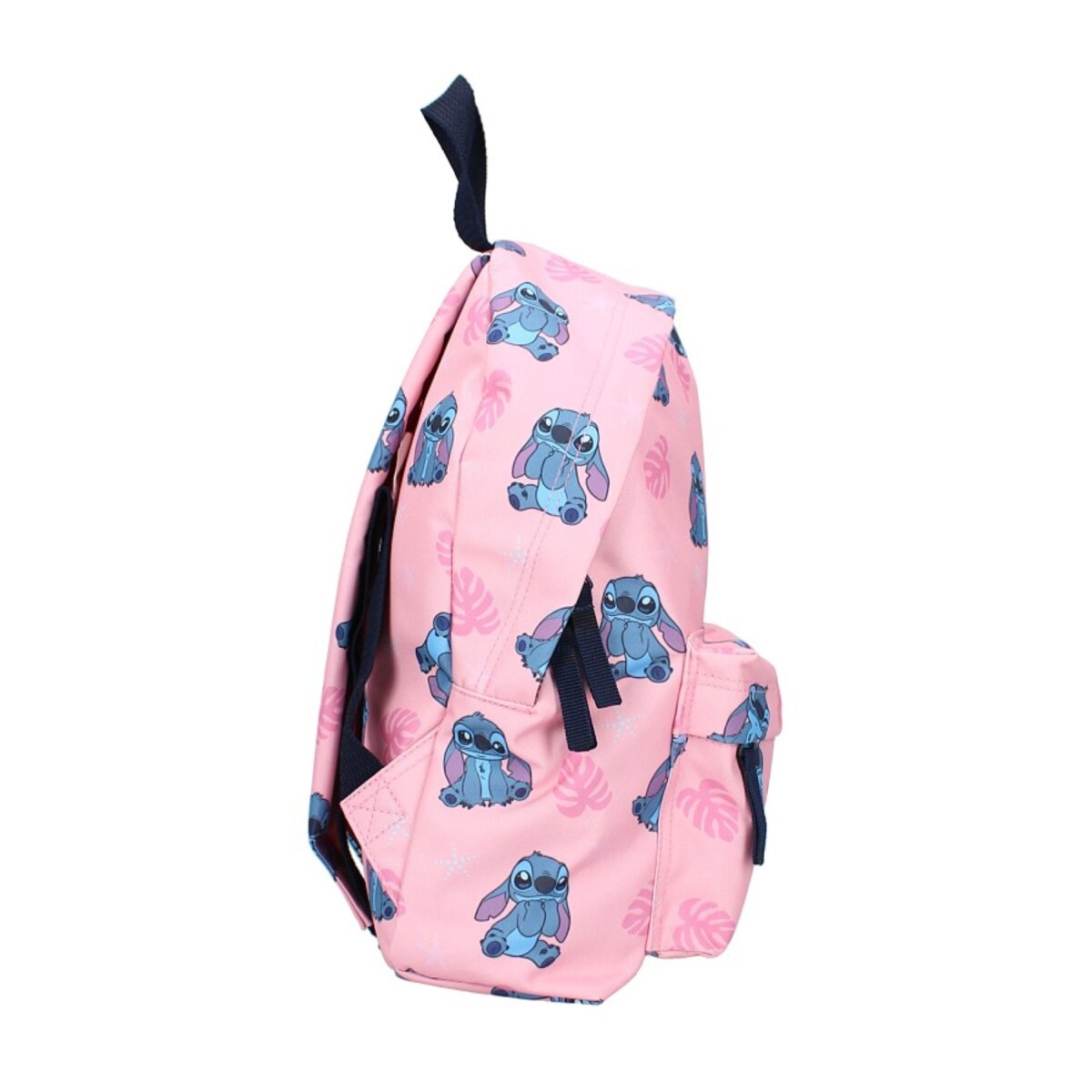 Pinker Rucksack mit Stitch-Figuren. Blaue Details. Seitenansicht.