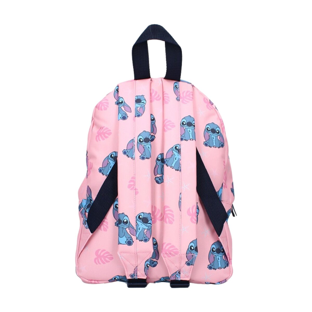 Ein pinkfarbener Rucksack mit Stitch-Muster, mit mehreren Stitch-Charakteren und Blattformen.