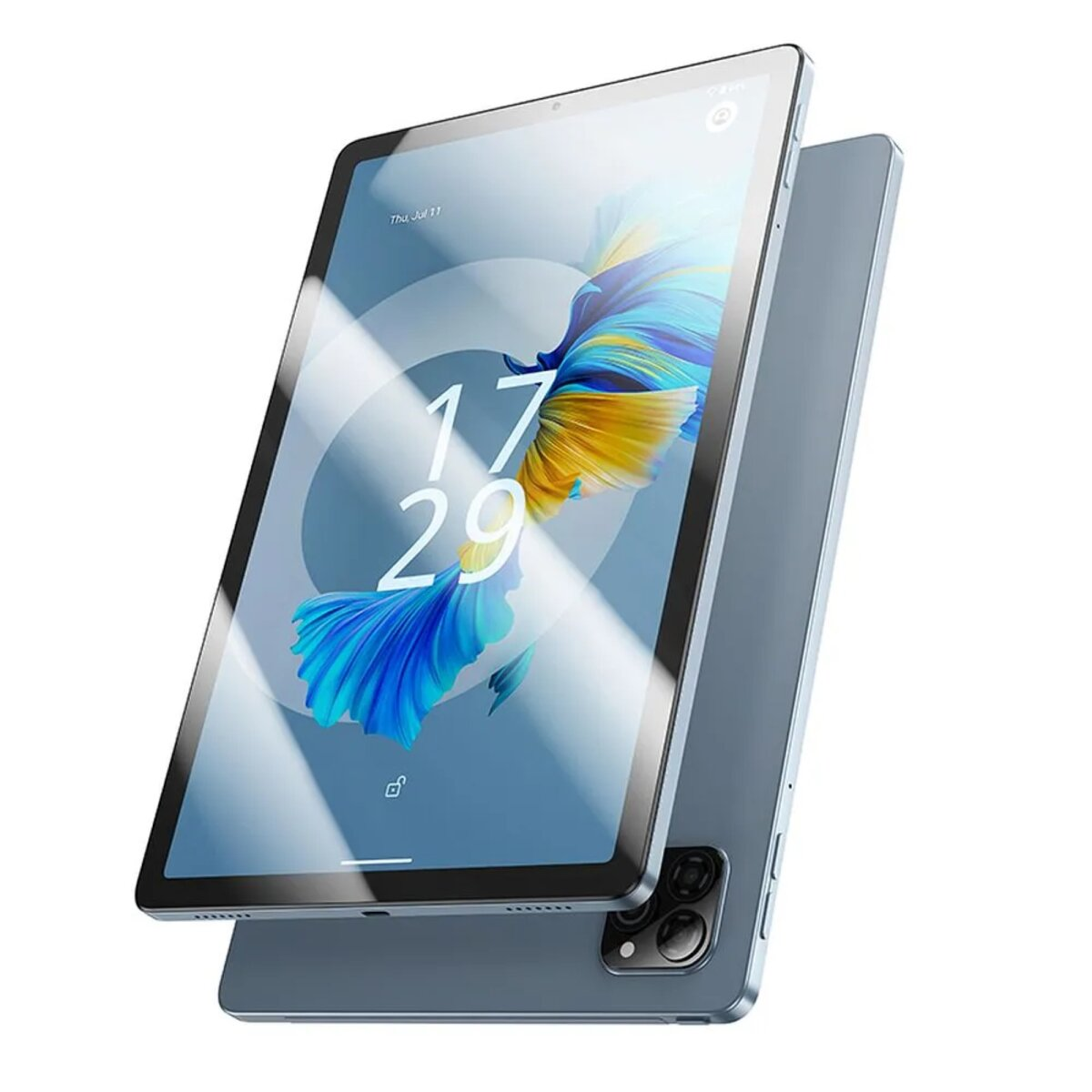 Due tablet blu affiancate, una mostra uno sfondo colorato e l'ora.