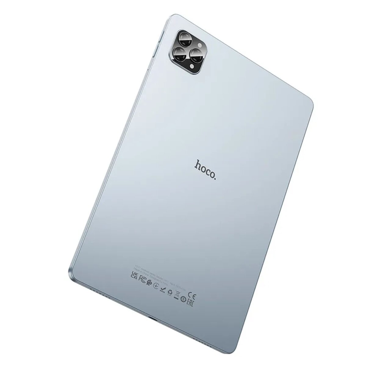 Retro di un tablet azzurro con tre obiettivi della fotocamera e logo Hoco.