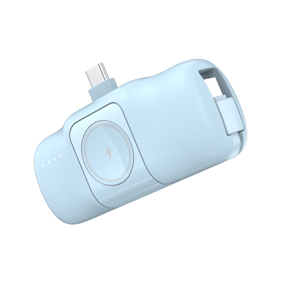 Hellblaues Ladegerät mit USB-C-Anschluss und weißem Ladepad für eine Uhr.