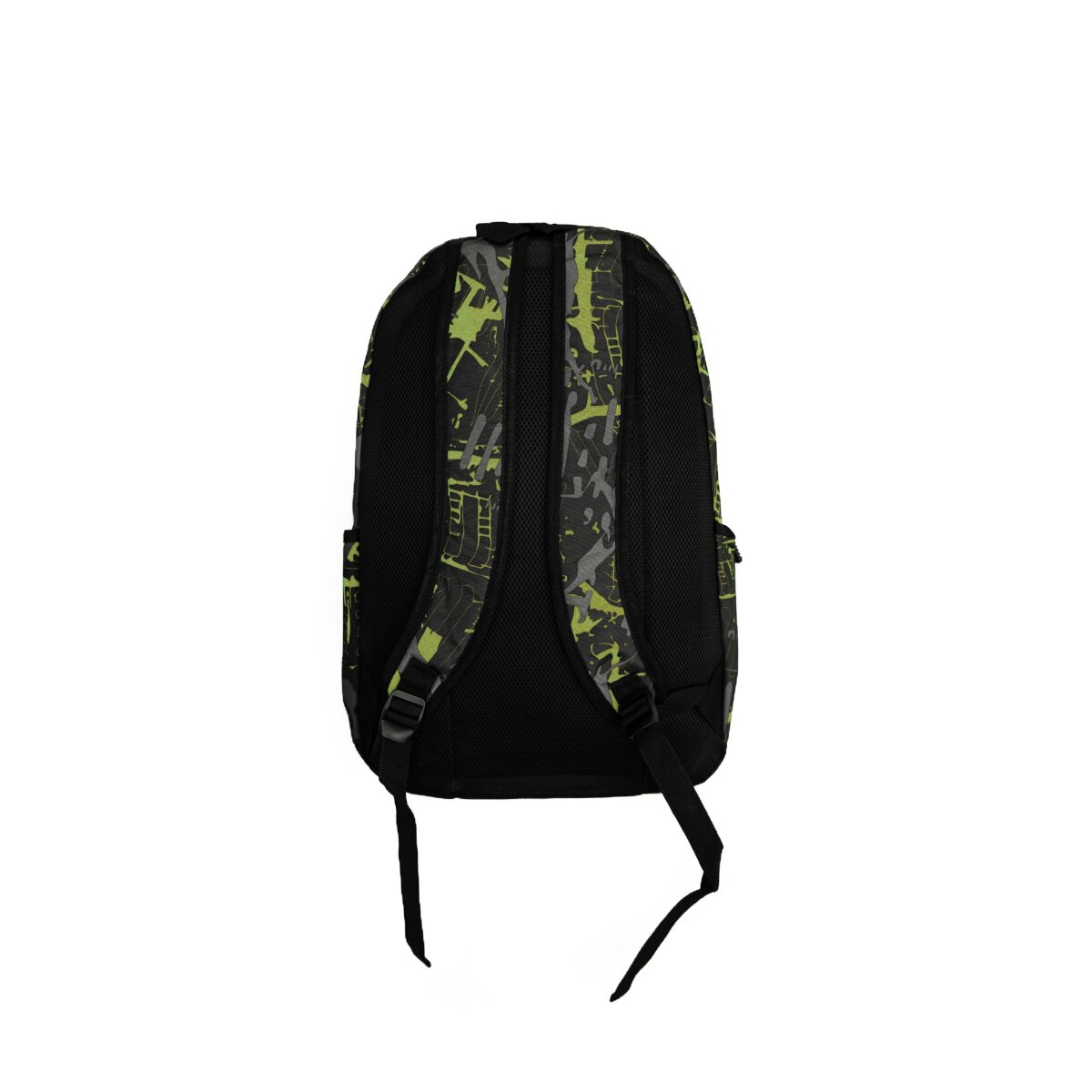 Ein schwarzer Rucksack mit grünen und grauen abstrakten Formen auf weißem Hintergrund.