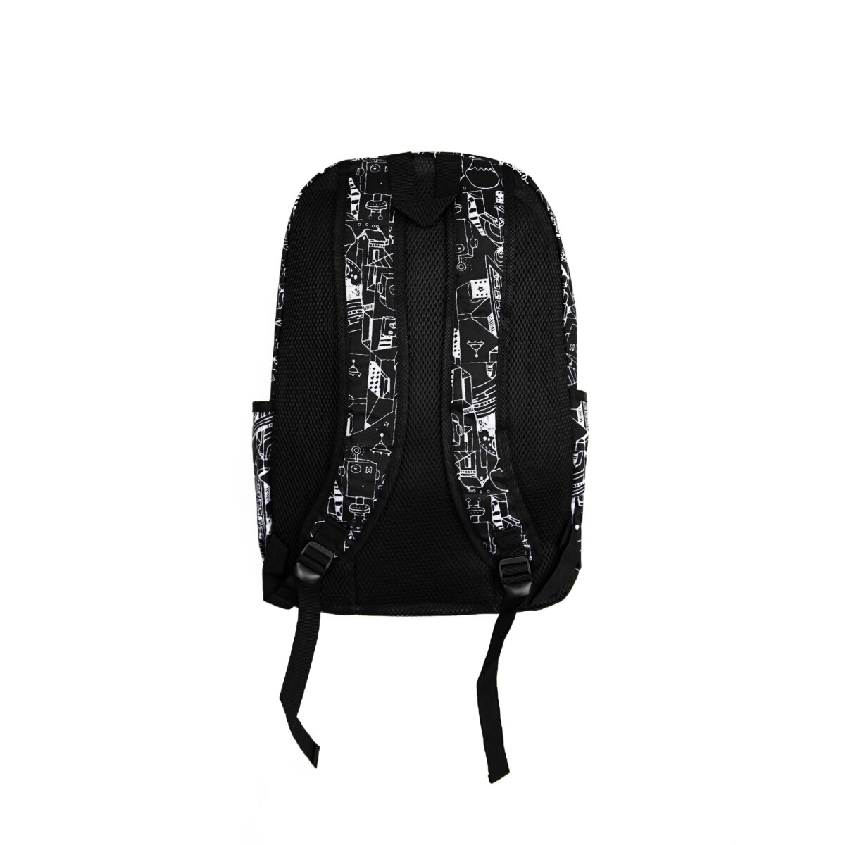 Ein schwarzer Rucksack mit weißem Muster. Der Rucksack hat Träger und ein Netz-Rückenteil.