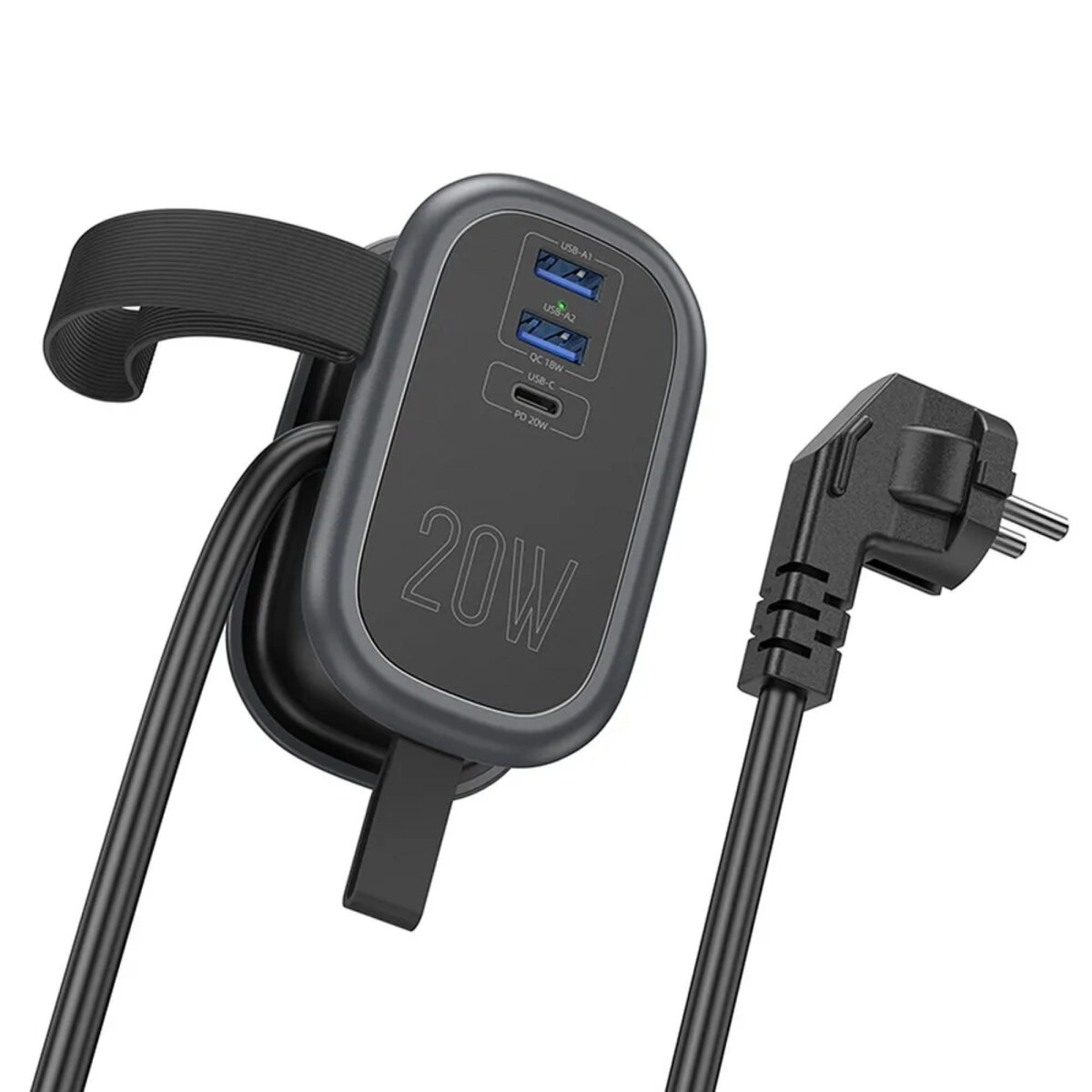 Schwarzer Netzadapter mit mehreren USB-Anschlüssen und Netzkabel.