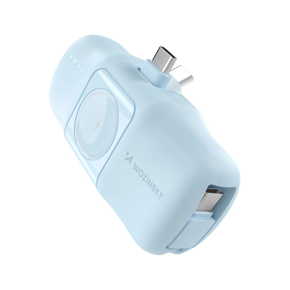 Hellblaue Wozinsky Powerbank mit USB-C und anderen Anschlüssen.