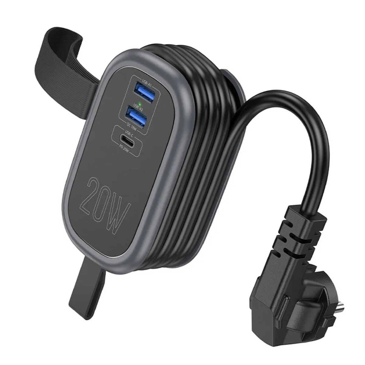 Ein schwarzer Netzadapter mit mehreren USB-Anschlüssen und einem Stecker, Kabel gewickelt.