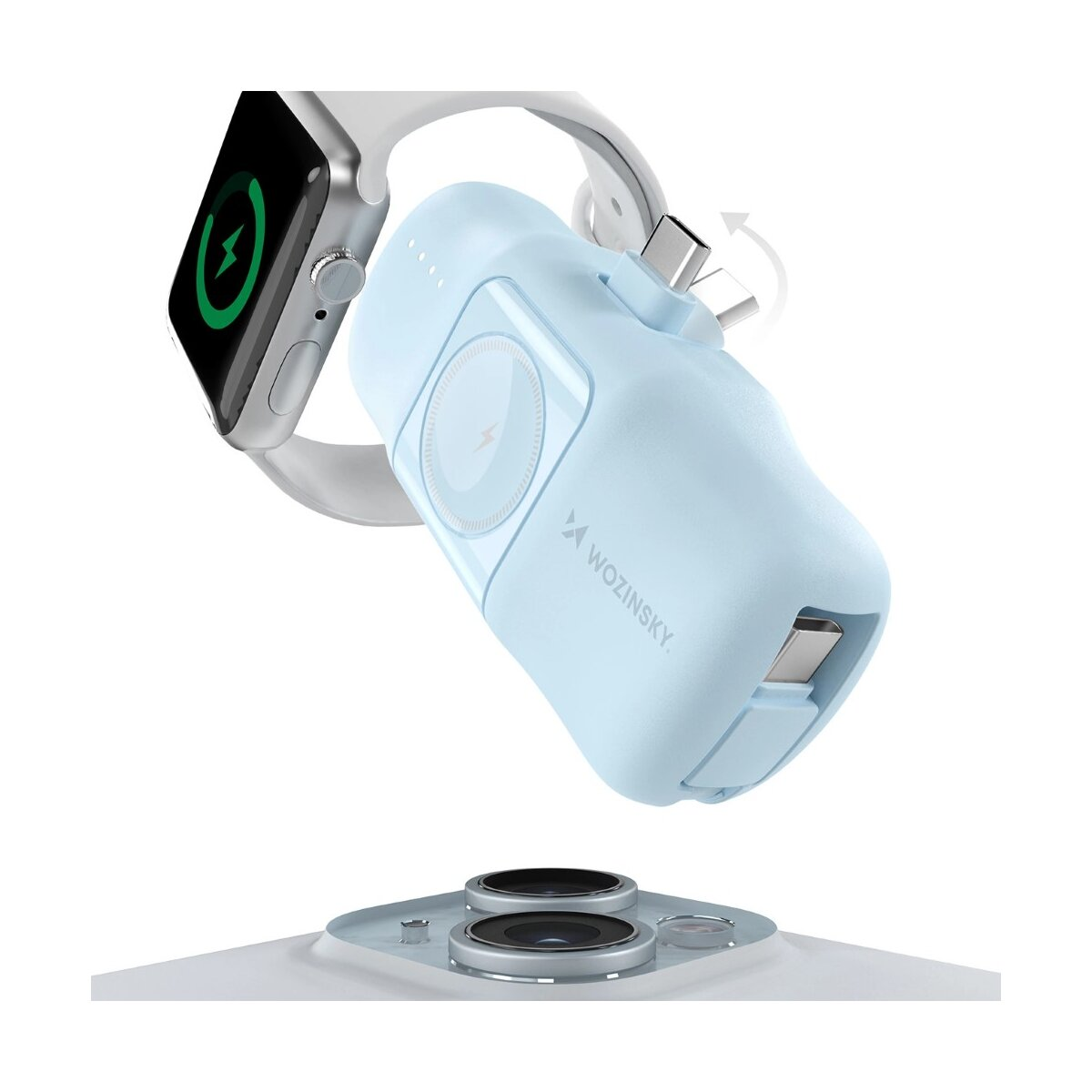 Eine weiße Smartwatch, die von einer blauen Powerbank aufgeladen wird.