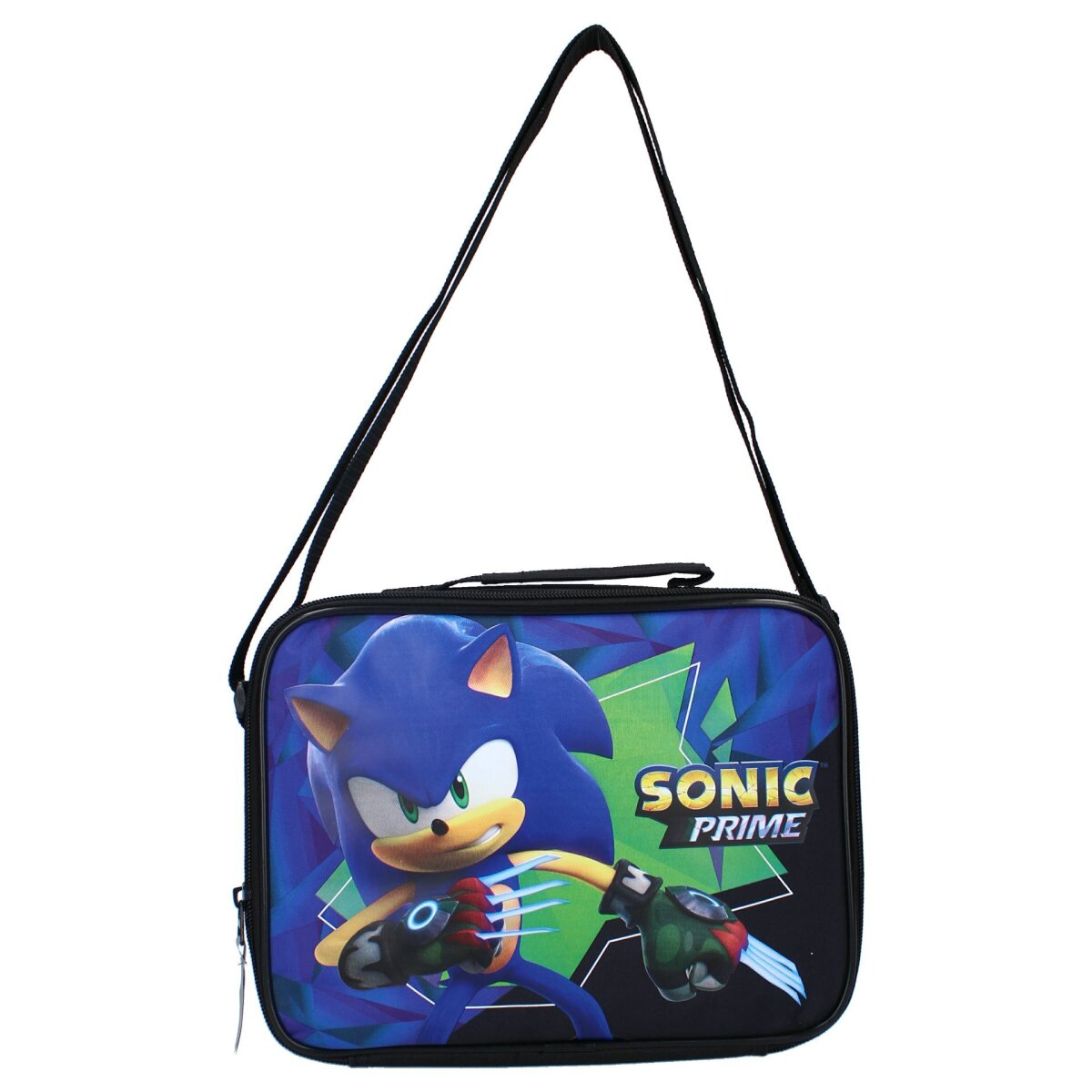 Sonic the Hedgehog Lunchbox mit Sonic-Bild. Schwarzer Riemen, blauer Hintergrund, Sonic Prime Logo.