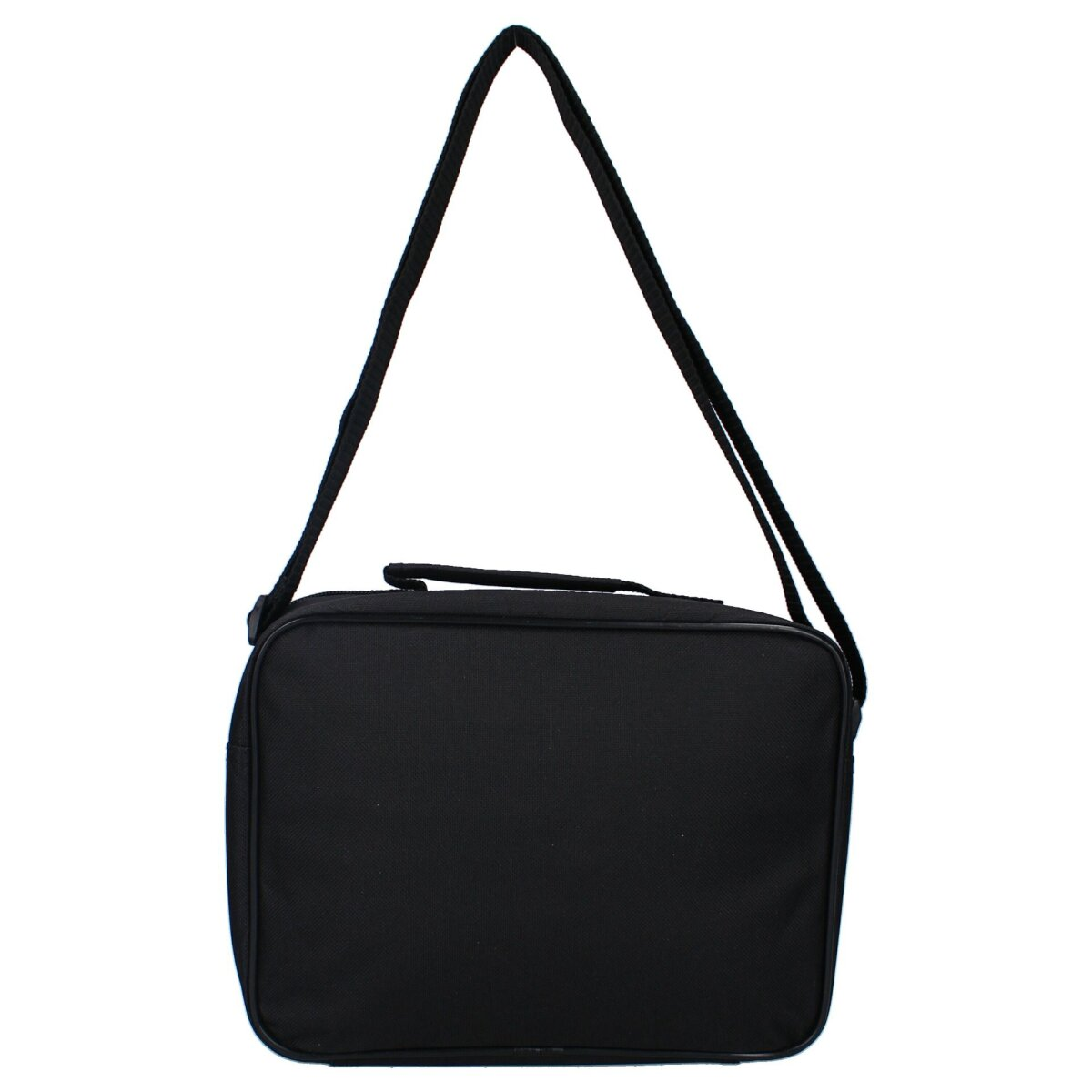 Eine schwarze rechteckige Handtasche mit Schulterriemen.