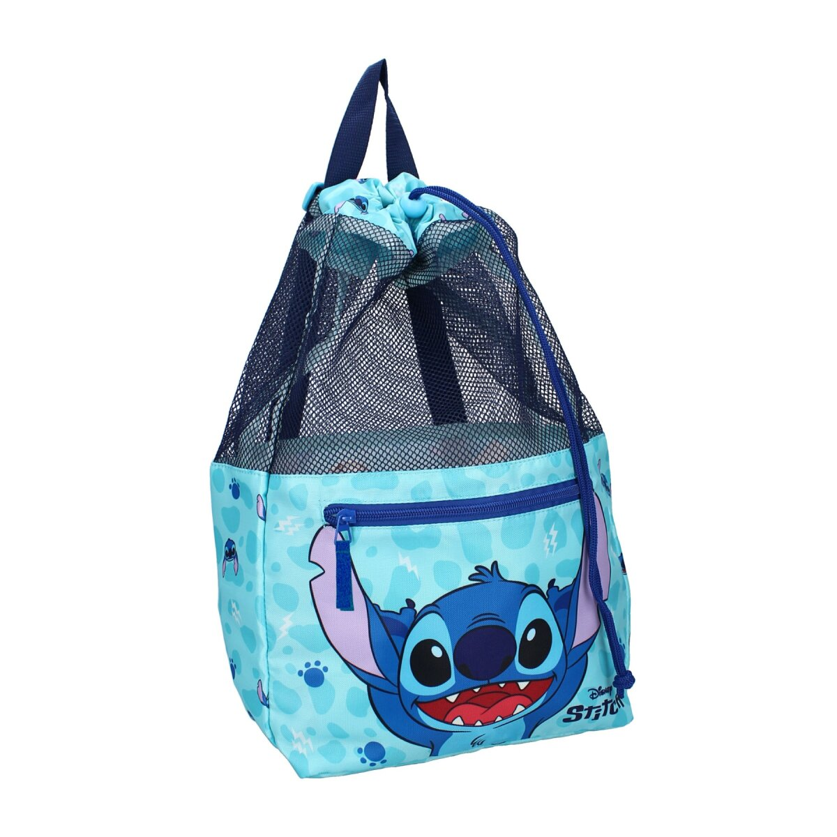 Lichtblauwe Stitch strandtas met gaas bovenop, Stitch gezicht en blauwe rits.