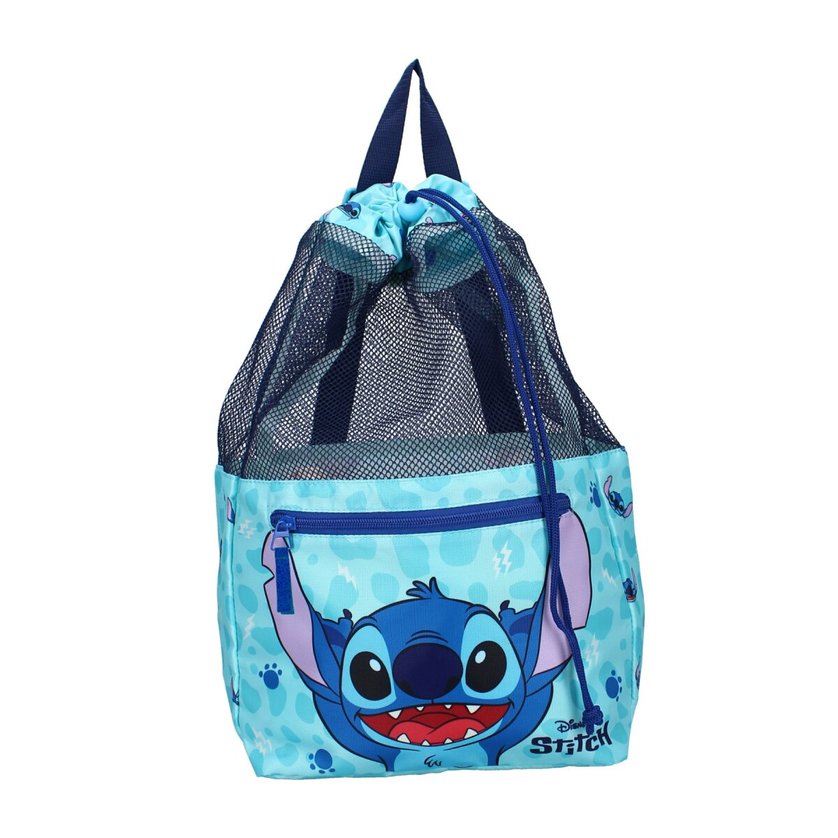 Blauwe en lichtblauwe Stitch-trekkoordtas met Stitch-illustratie. Donkerblauwe mesh details.