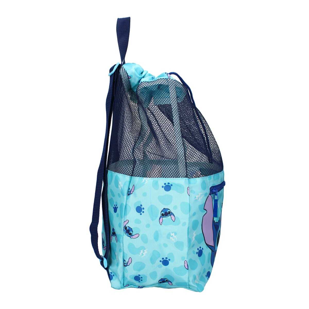 Een blauwe strandtas met een mesh bovenkant, met Stitch cartoonfiguren. De tas heeft een ritsvak.