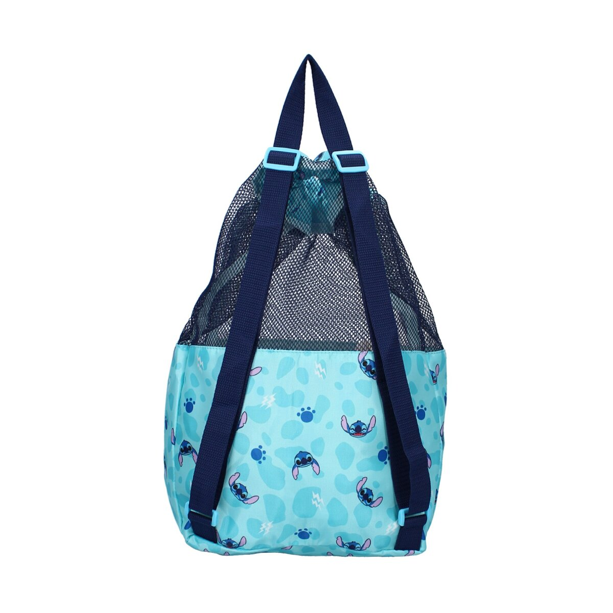 Een Stitch-rugzak. Het heeft een blauwe achtergrond met Stitch's gezicht.