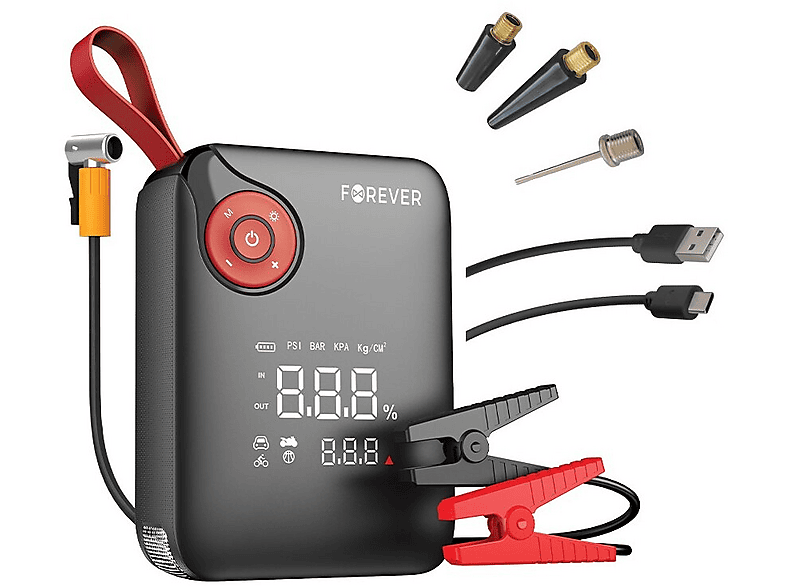 FOREVER 4 in 1 Starthilfe 7200 mAh mit Kompressor Powerbank 7200 mAh Rot