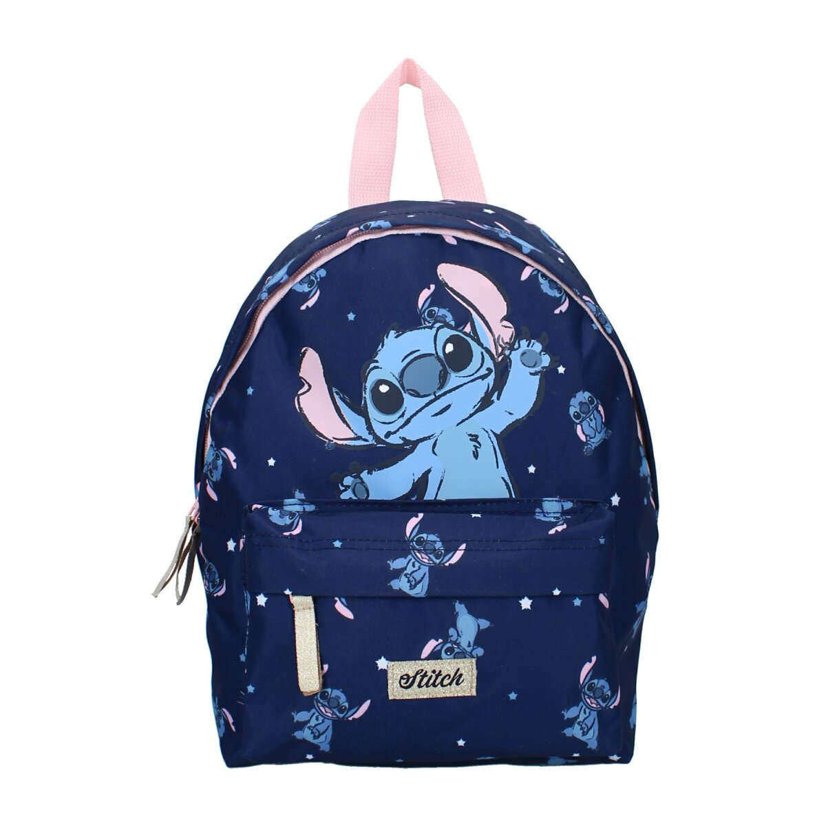 Blauer Stitch-Rucksack mit rosa Trägern. Stitch-Charakter-Illustration vorne mit anderen Stitch-Bildern.