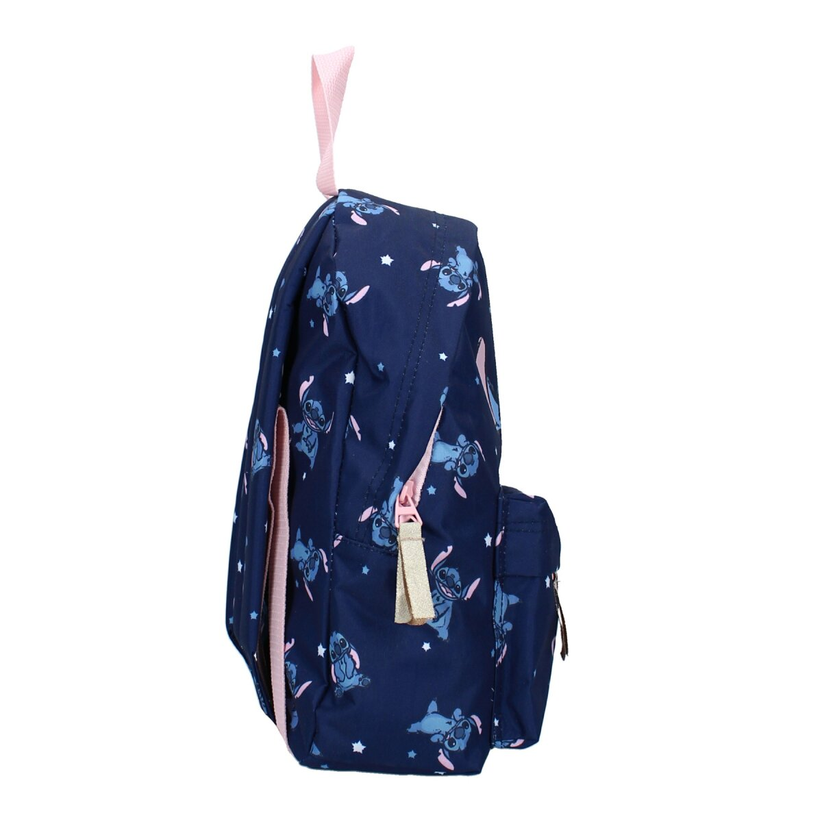 Blauer Rucksack mit Stitch-Cartoon-Design. Pinke Akzente an Reißverschluss, Griff und Seitentasche.