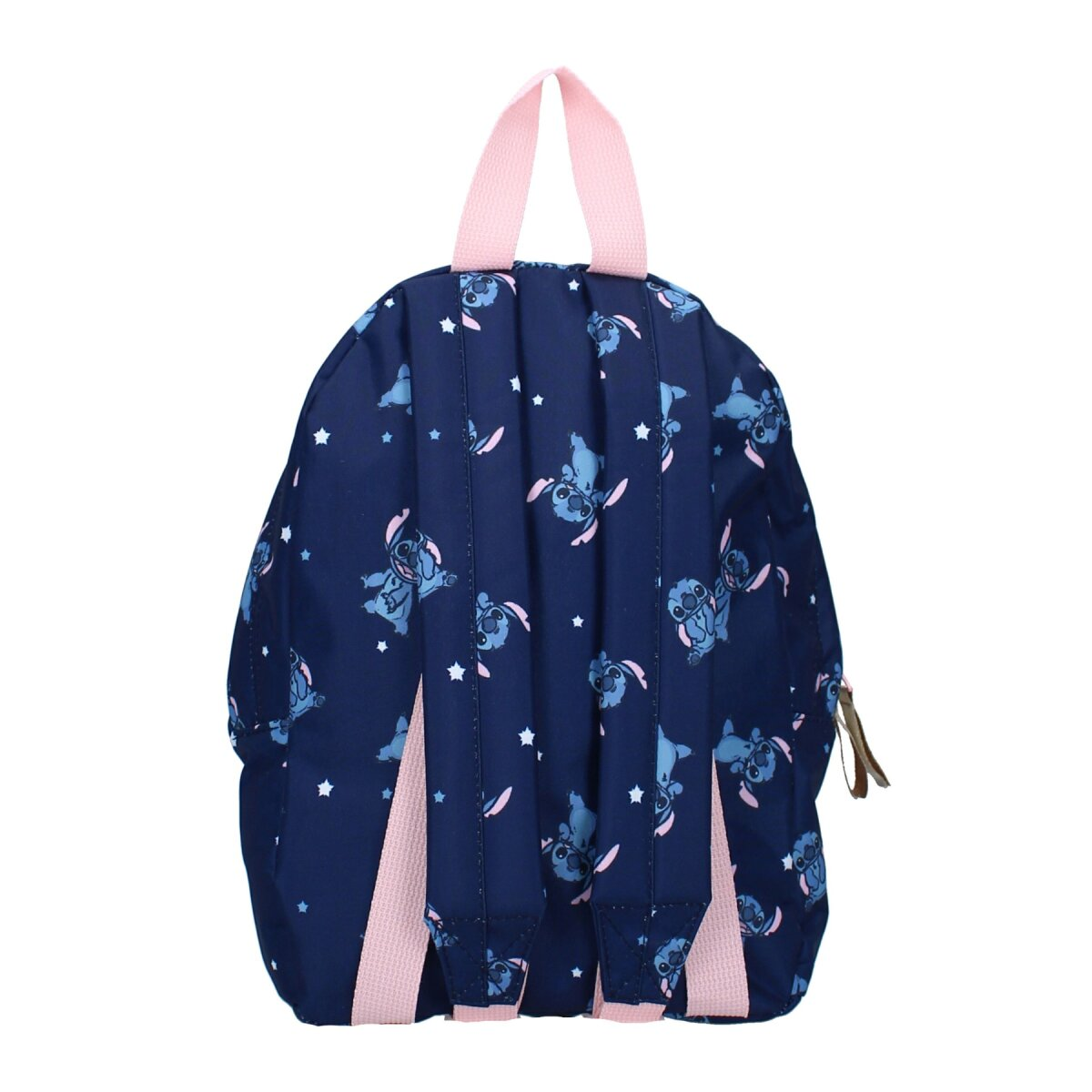 Blauer Rucksack mit weißen Sternen und Zeichentrickfiguren.