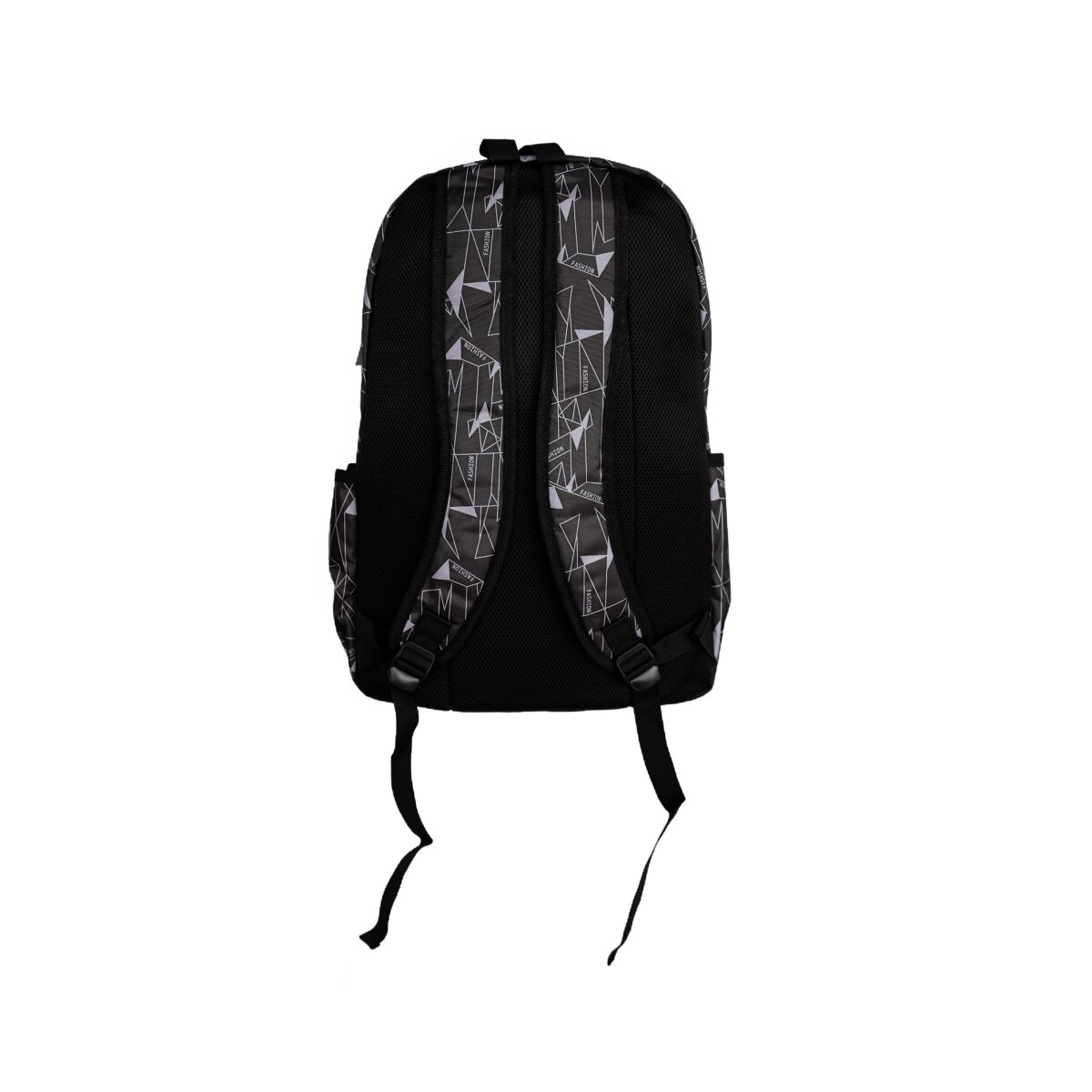 Schwarzer Rucksack, Rückansicht. Geometrisches Muster. Schultergurte sichtbar.