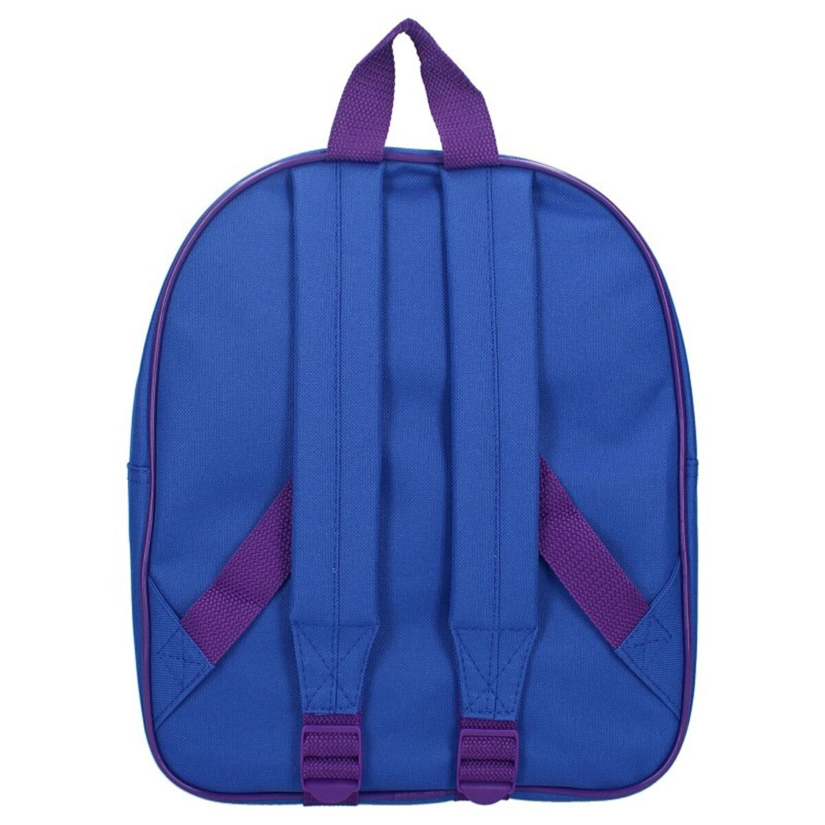 Rucksack: blau mit lila Trägern und Besatz, schlichtes Design.