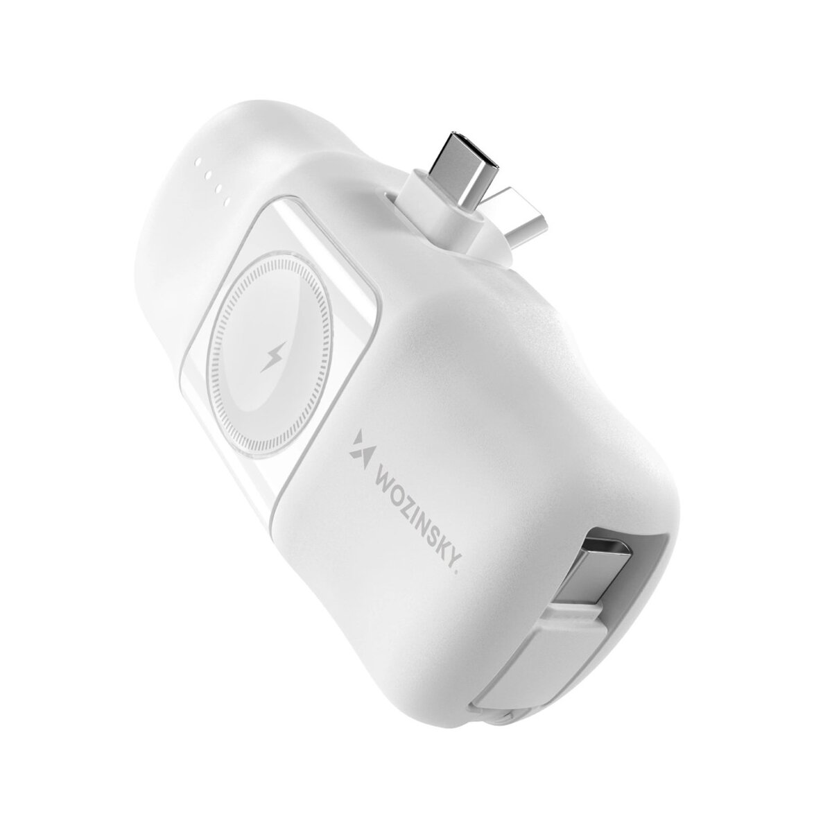 Biały power bank z kilkoma portami i obszarem ładowania bezprzewodowego. Widoczna jest nazwa marki „WOZINSKY”.
