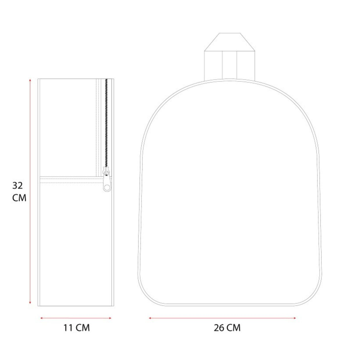 Abmessungen eines weißen Rucksacks, mit Maßen in Zentimetern: 32 cm hoch, 11 cm breit und 26 cm tief.