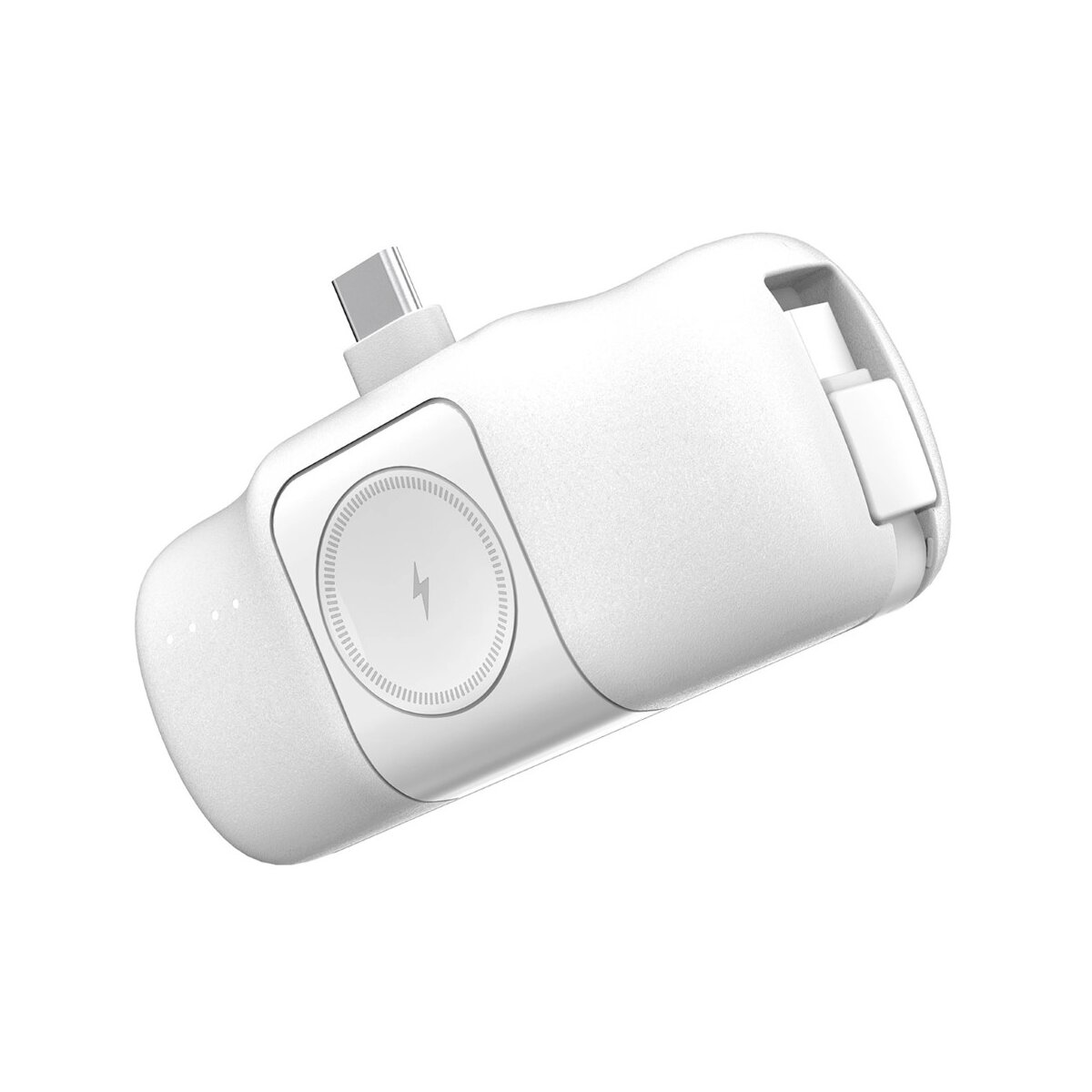 Białe, kątowe urządzenie ładujące do smartwatcha i port USB-C.
