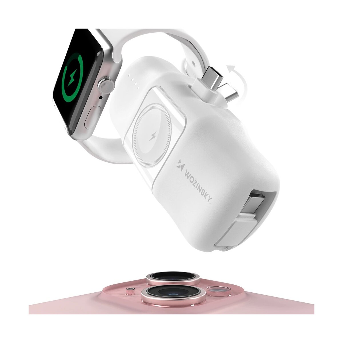 Białe urządzenie ładujące podłączone do Apple Watch i telefonu. Logo Wozinsky.