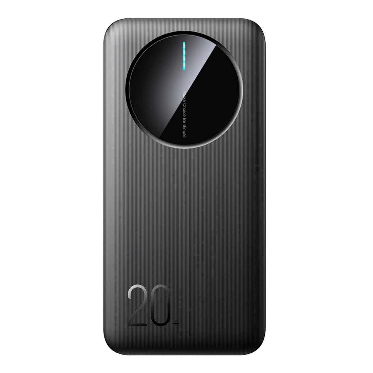 Czarny power bank z okrągłym wyświetlaczem i pionowym światłem. Widoczny jest numer '20+'.