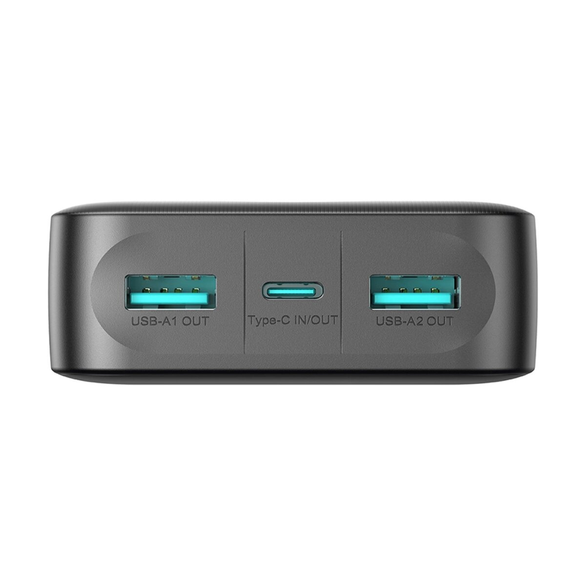 Szary power bank z trzema portami: dwa USB i jeden Type-C.