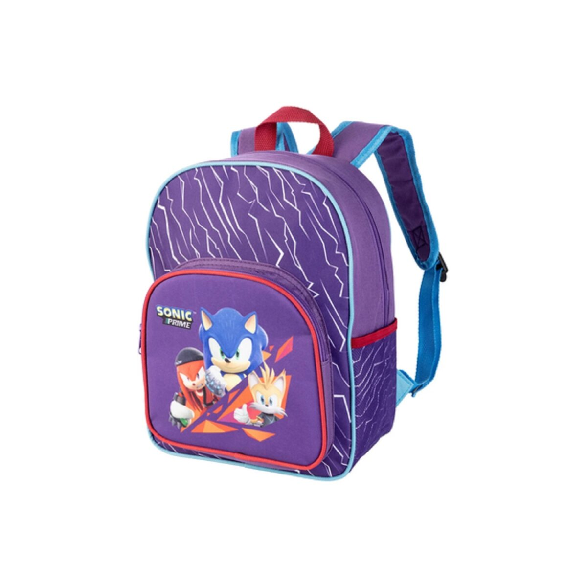 Lila Rucksack. Vordertasche mit Sonic-Charakteren. Blaue Träger und roter Griff. Weißes Blitzdesign.