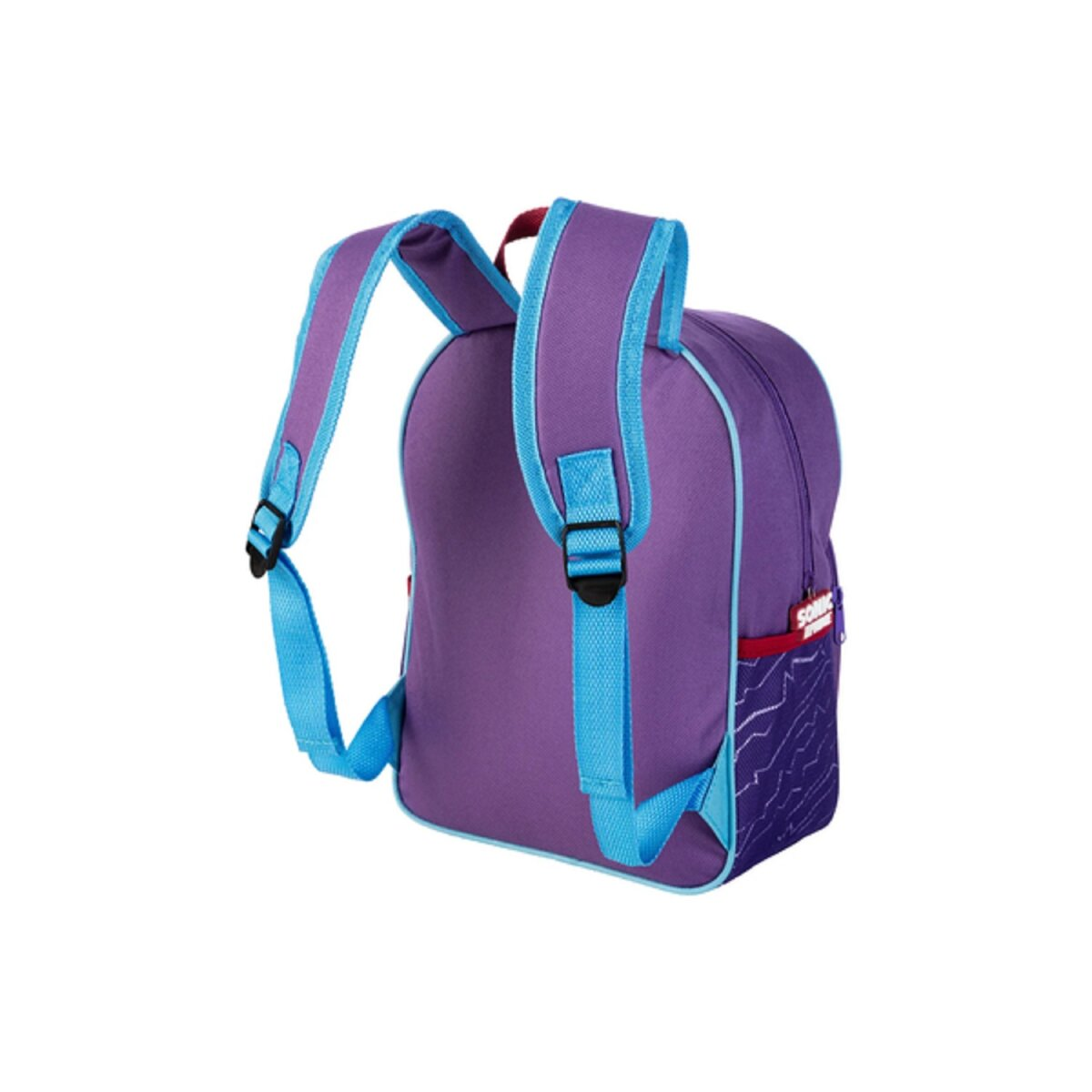 Ein lila Rucksack mit blauen Trägern, platziert auf weißem Hintergrund.