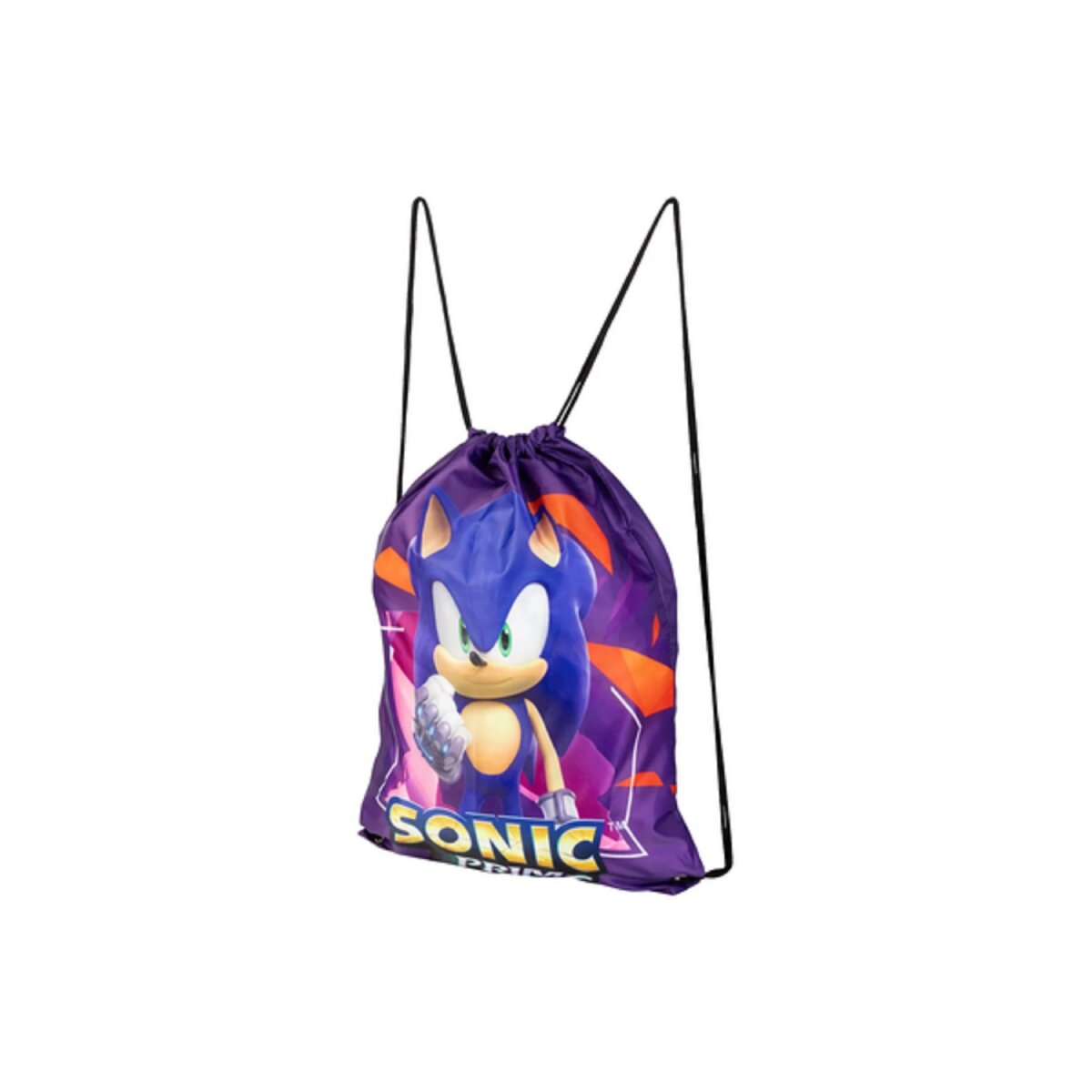 Sonic the Hedgehog Turnbeutel, lila mit orange-blauen Grafiken. Weißer Hintergrund.