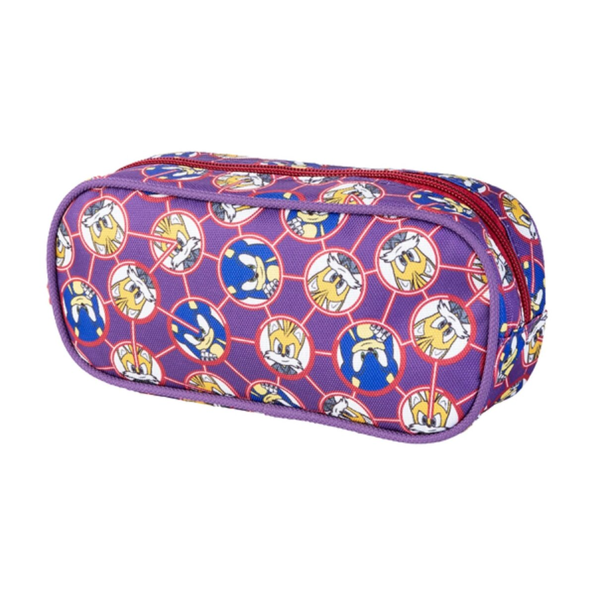 Ein lila Federmäppchen mit Sonic the Hedgehog-Muster und einem roten Reißverschluss.