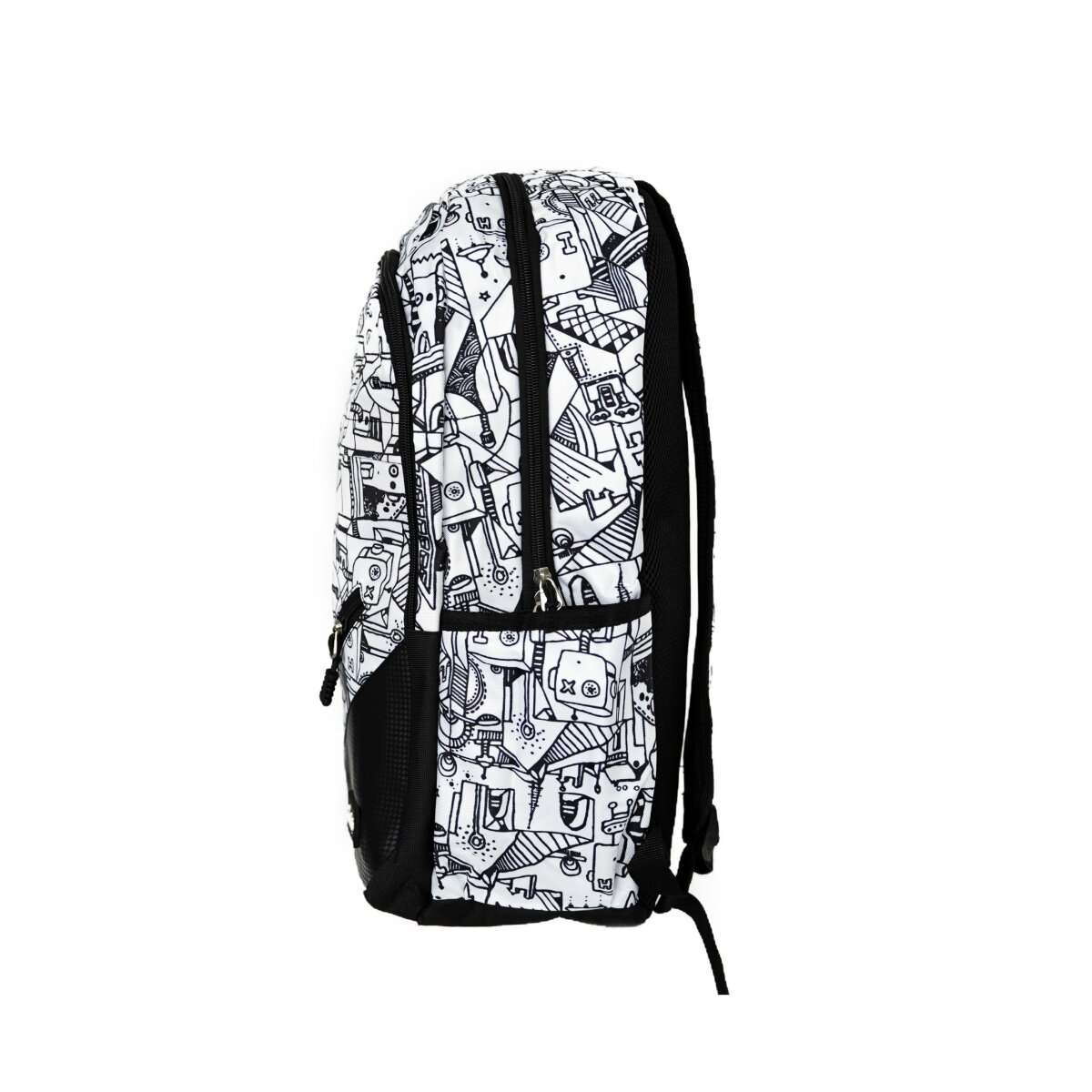 Seitenansicht eines Rucksacks mit schwarz-weißem Kritzelmuster und schwarzen Trägern.