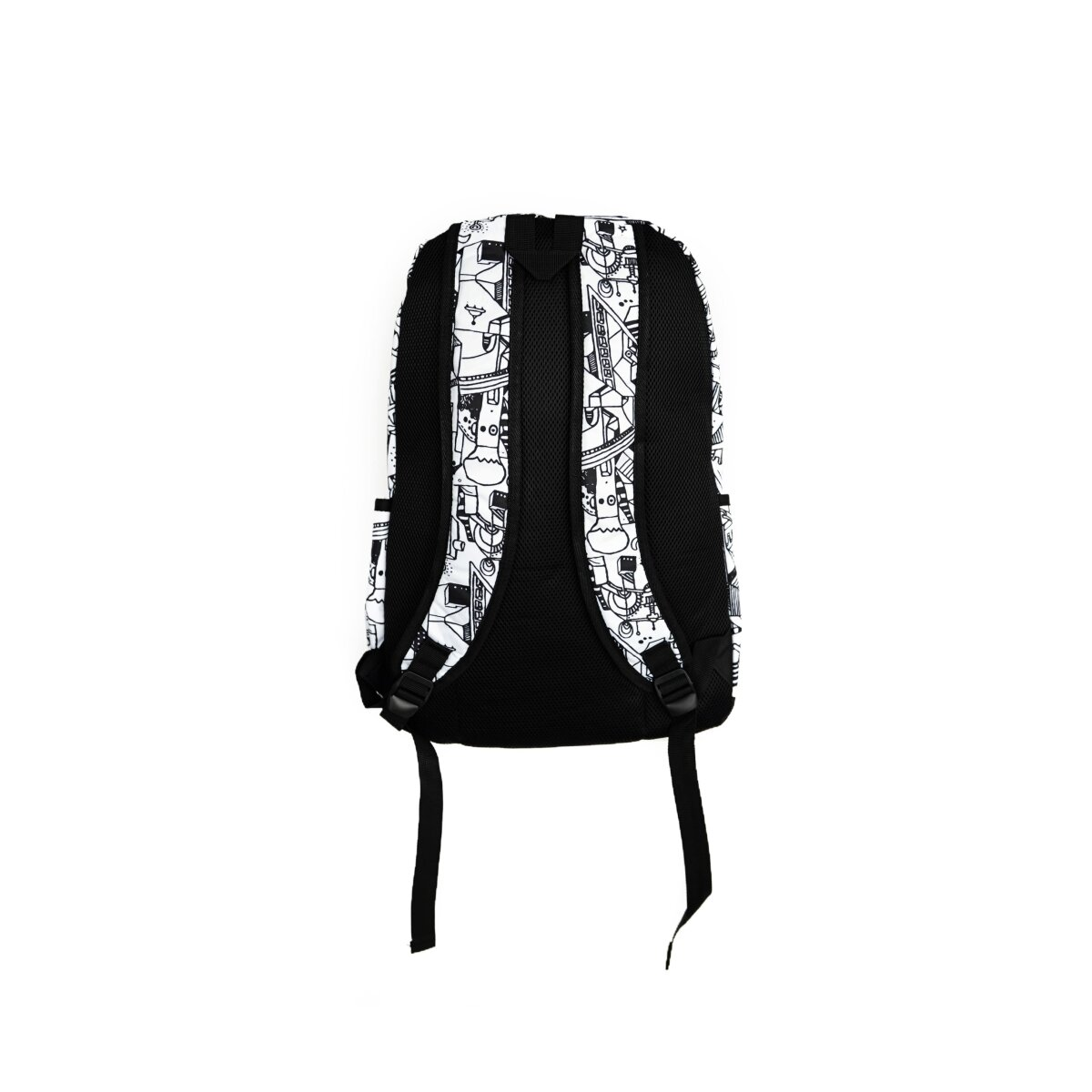 Rucksack mit schwarz-weißem Doodle-Muster, schwarze Träger.
