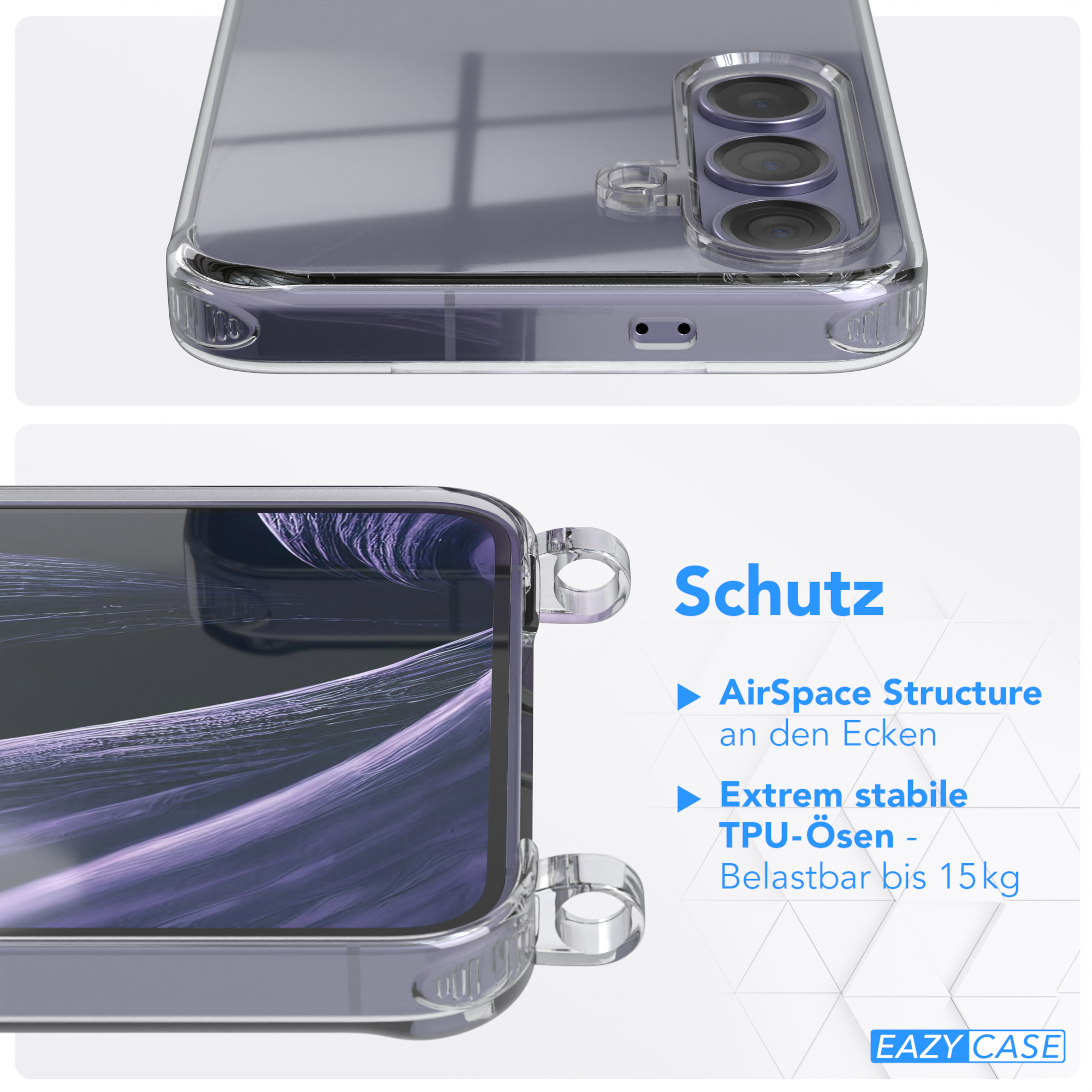 Eine transparente Handyhülle mit Telefon. Text: AirSpace Structure, TPU-Ösen.