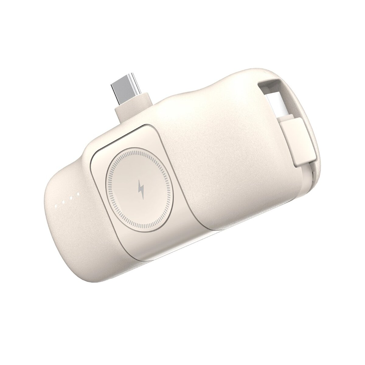 Ein beiges Ladezubehör für mehrere Geräte. Enthält einen USB-C-Anschluss und ein Uhrenladegerät.