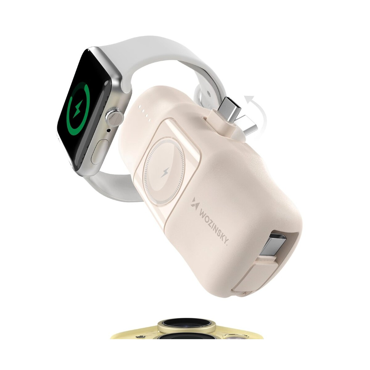 Eine Smartwatch, die an einem tragbaren Ladegerät geladen wird. Das Ladegerät ist hellbeige.