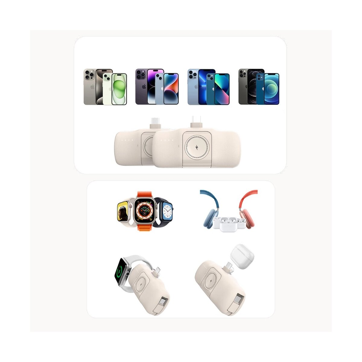 Mehrere iPhones und Ladegeräte, einschließlich Apple Watch und AirPods, auf weißem Hintergrund.