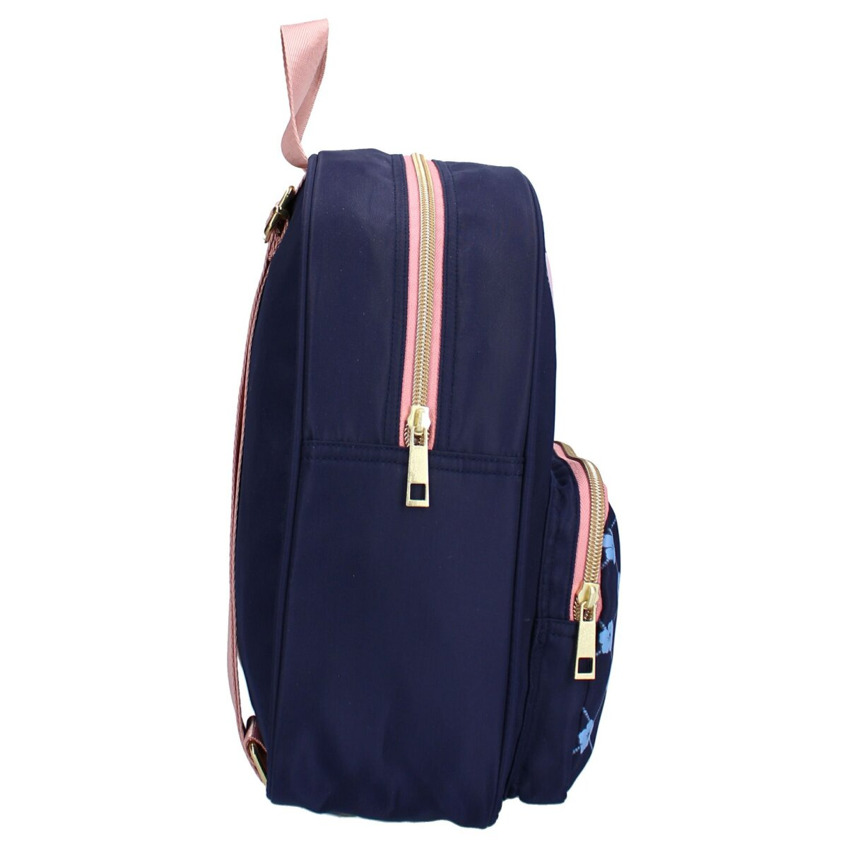 Marineblauer Rucksack mit rosa Reißverschlüssen. Er hat eine kleine Tasche mit gestickten Blumen.