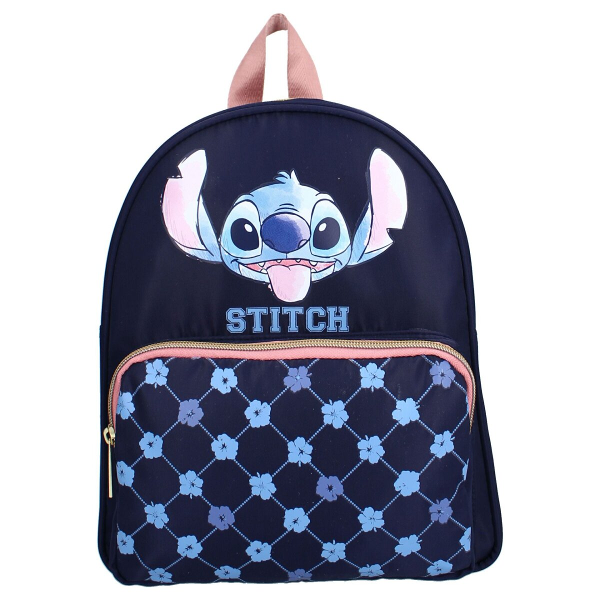 Rucksack mit Stitch, mit dem Wort "STITCH" darauf.