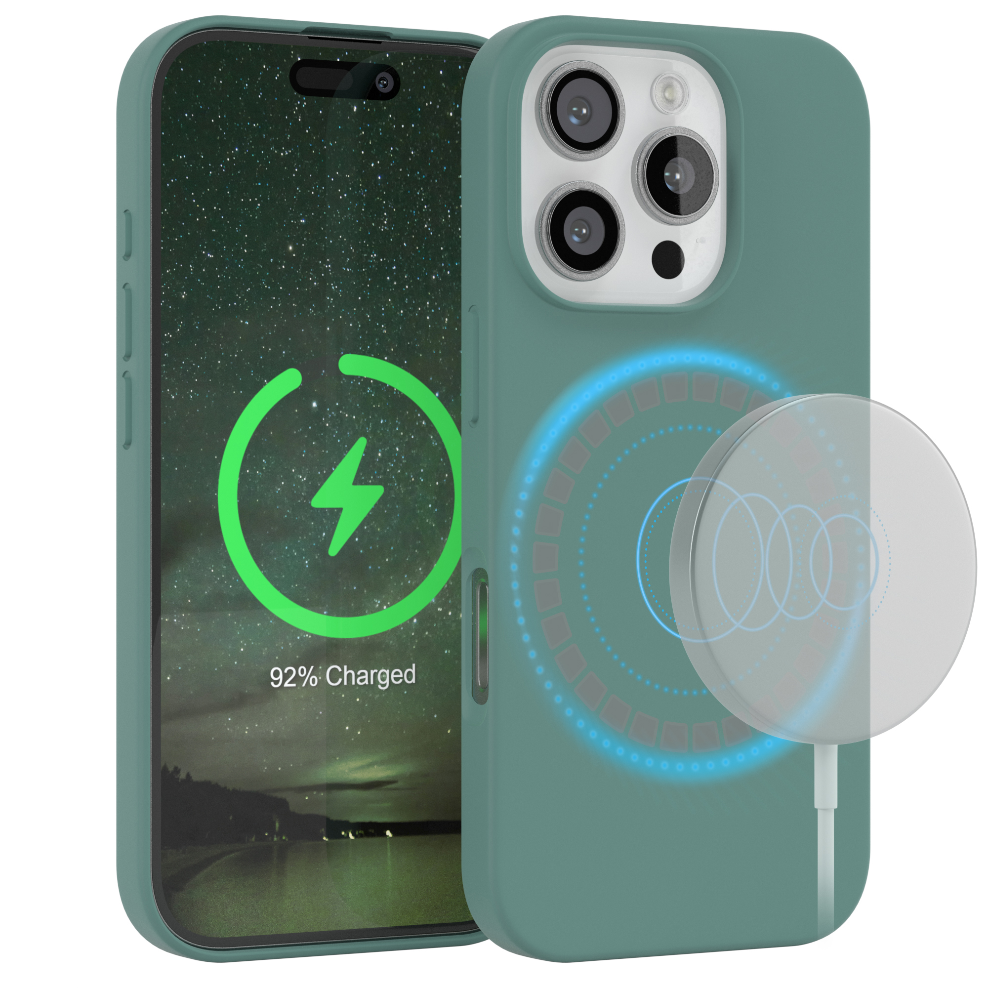 Grüne Handyhülle mit Telefon mit Ladebildschirm. Weißes kabelloses Ladegerät befestigt.